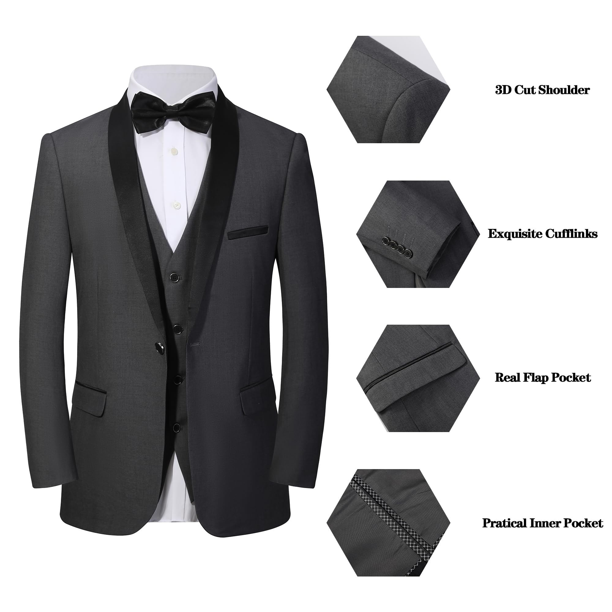 Men's Slim Fit Tuxedo Suit 3-Piece Set - Wedding, Business & Formal Occasions | Dinner Jacket, Vest & Pants for Groom & Groomsmen | Perfect for Prom, Black Tie Events & Evening Parties