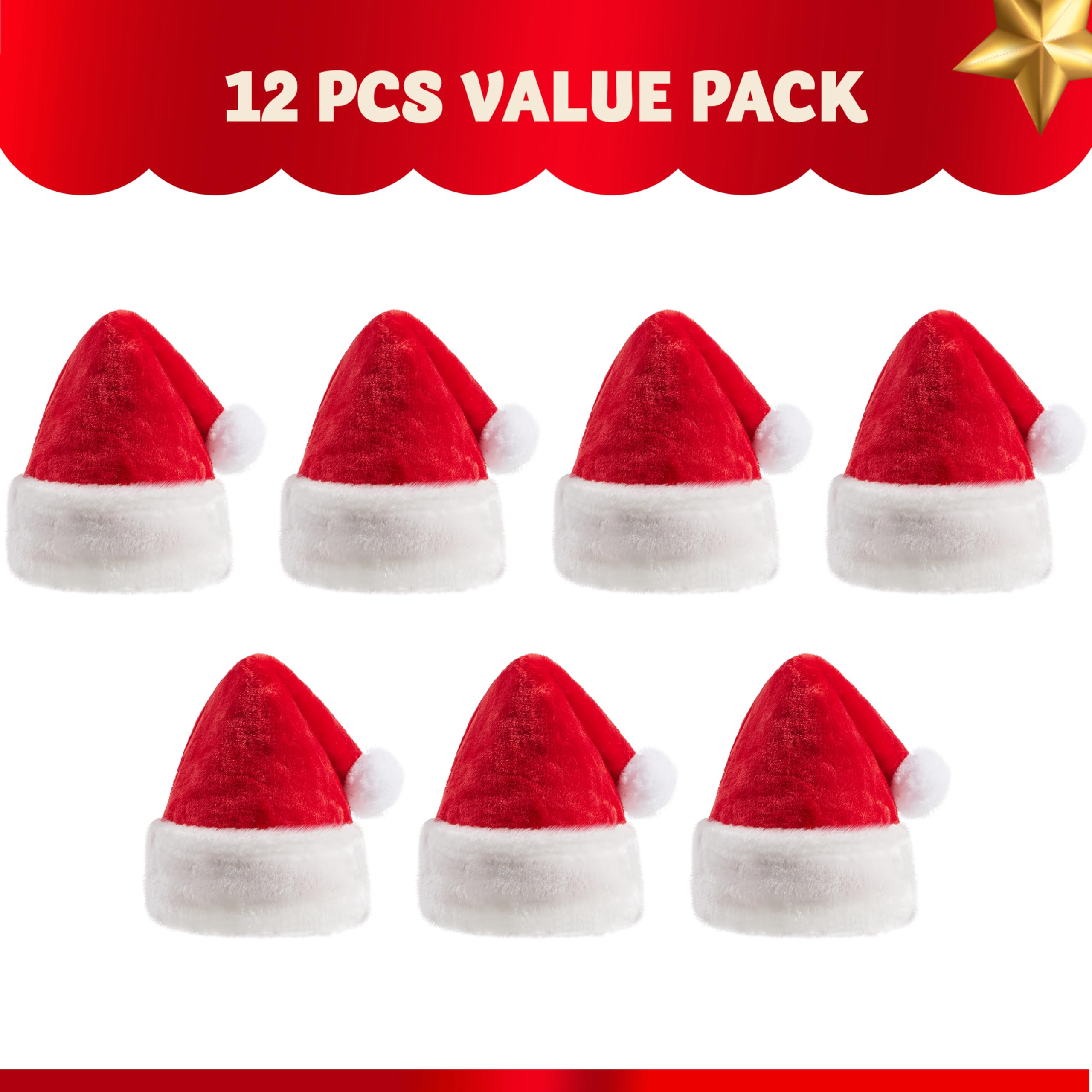 JOYIN 12 Pack Christmas Santa Hats - Plush Red Velvet Santa Claus Hats with White Fur Trim (12.5 x 20 Inches) for Holiday Parties, Christmas Decorations & Festive Gift Giving
