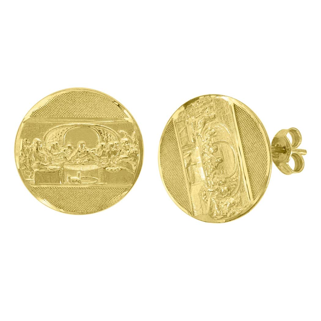 10K Gold Textured Last Supper Religious Stud Earrings for Men - 16mm x 16mm Push Back Design, Christian Jewelry Gifts - Perfect for Church, Baptism, and Religious Occasions