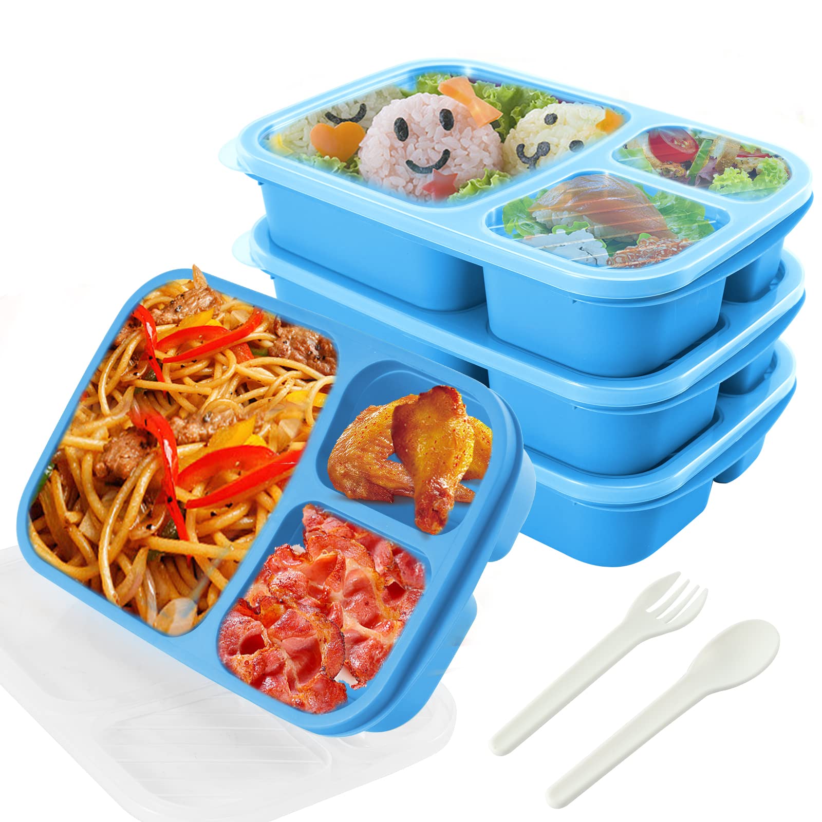 GEJIA 4-Pack Bento Lunch Box Meal Prep Containers - 3 Compartments, BPA-Free, Microwave/Dishwasher/Freezer Safe, Stackable & Reusable Food Storage Containers for Office, School, Picnic & Travel - Blue