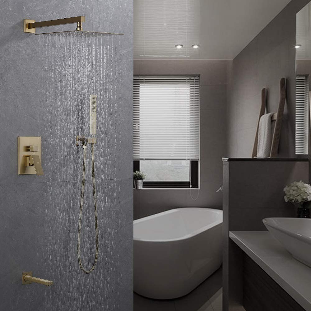 Premium Iriber Champagne Bronze Rain Shower System with Waterfall Tub Spout - 3-Function Brushed Gold Shower Faucet Set Includes 12 Inch Rainfall Shower Head & Handheld Spray - Brushed Brass Shower Trim Kit (Valve Included) - Perfect for Luxury Bathroom Renovations & Spa-Like Shower Experience