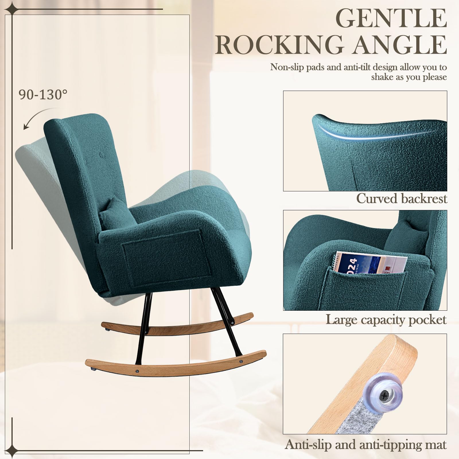 Waleaf Teddy Upholstered Rocking Chair - High Backrest Nursery Glider with Padded Seat, Comfortable Nursing Chair for Bedroom, Living Room & Nursery (Dark Green) - Perfect for Breastfeeding, Reading & Relaxing