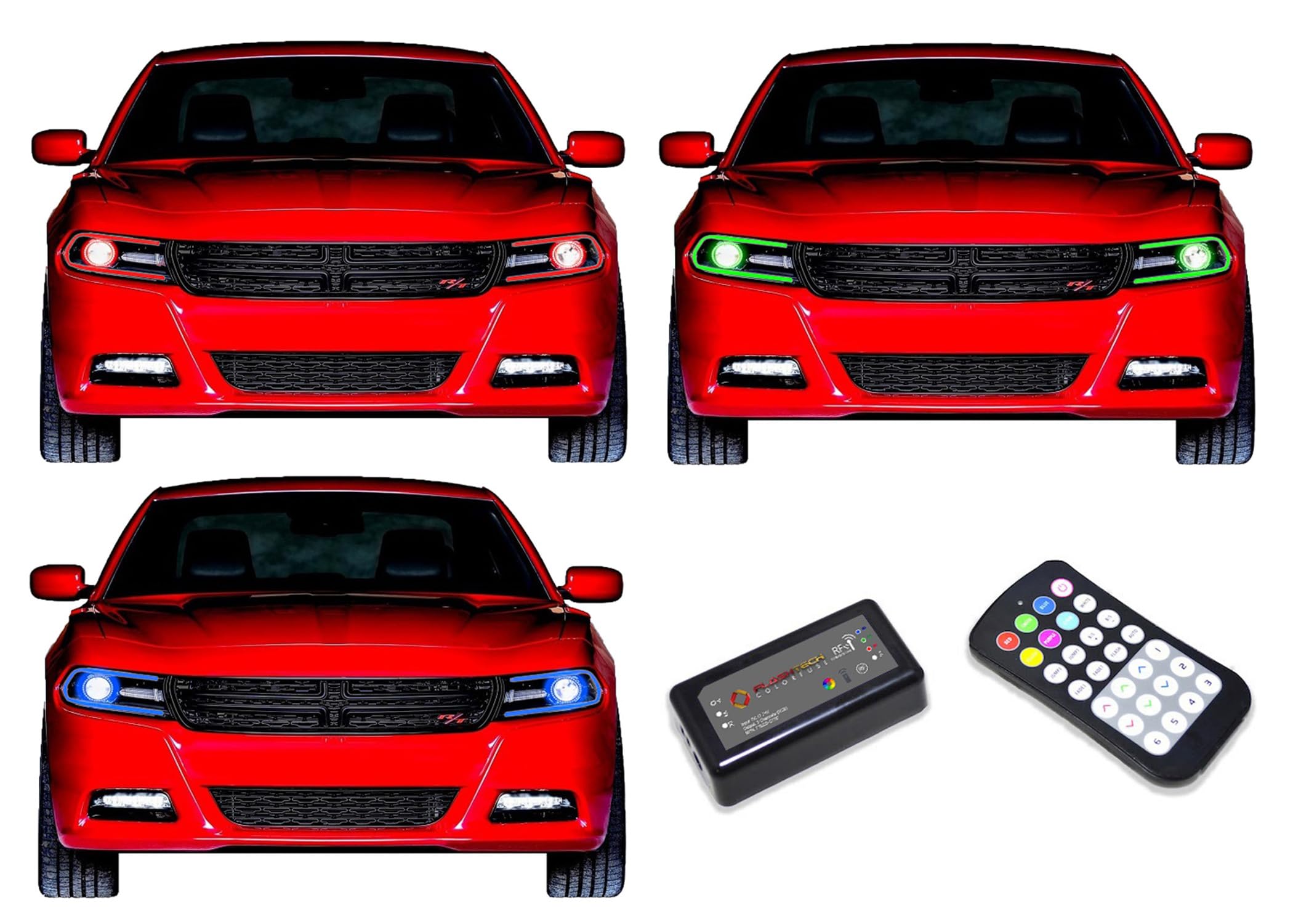 Flashtech LED RGB Multi-Color Halo Ring Headlight Kit with ColorFuse RF Remote for Dodge Charger 2015-2020 - Customizable Car Lighting for Night Driving & Car Shows