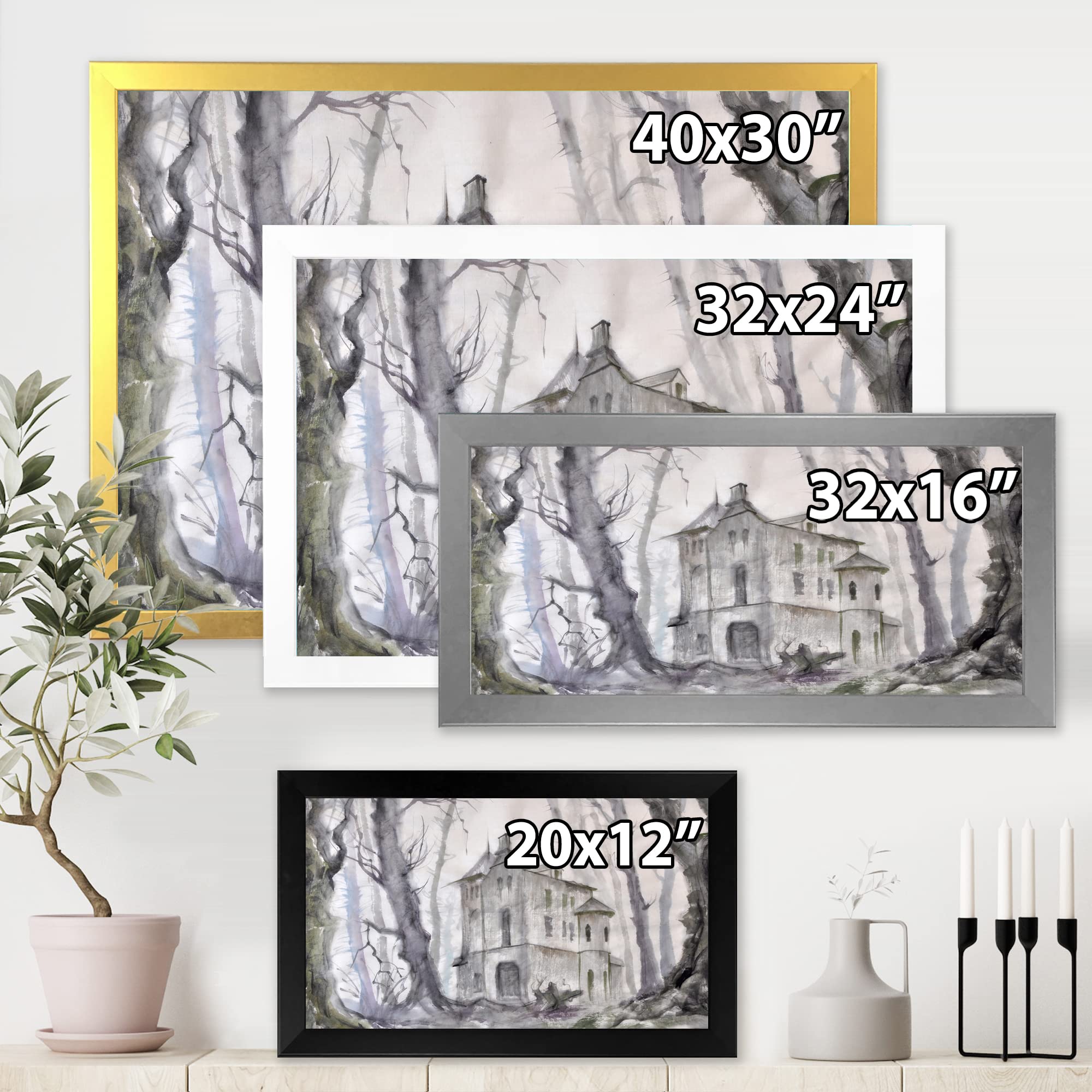 Haunted Castle in the Woods Gothic Wall Art - Traditional Framed Canvas Painting for Halloween Decor, Living Room & Bedroom Wall Decor