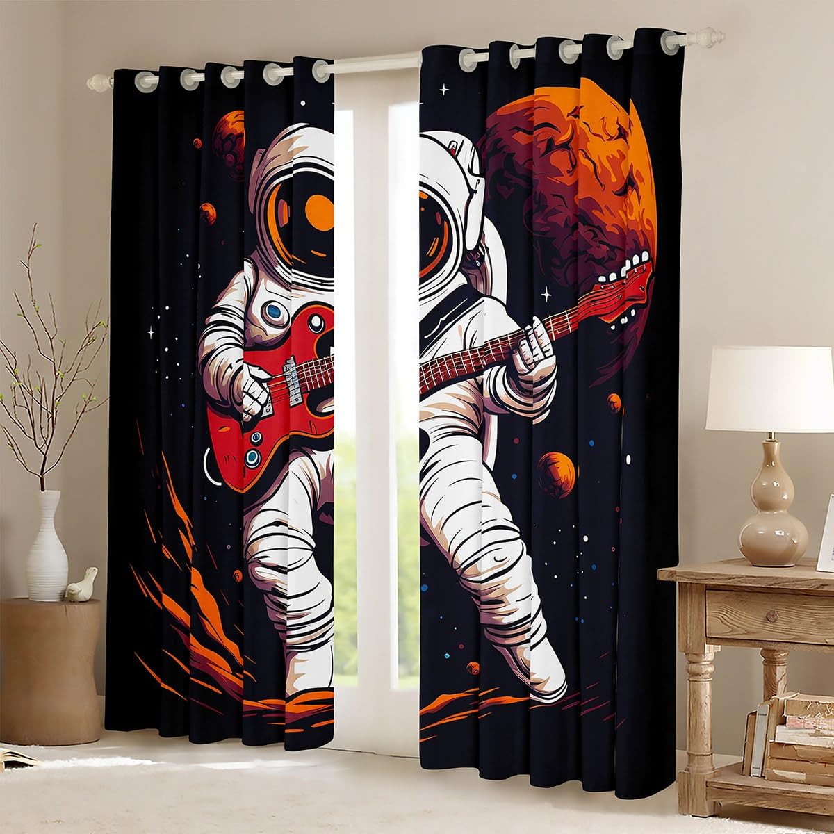 Kids Astronaut & Guitar Window Curtains - Galaxy Space Theme Rock Music Drapes for Boys Bedroom (104x96 Inch, Navy Blue) | Perfect for Teen Room Decor, Nursery, Playroom & Space-Themed Parties