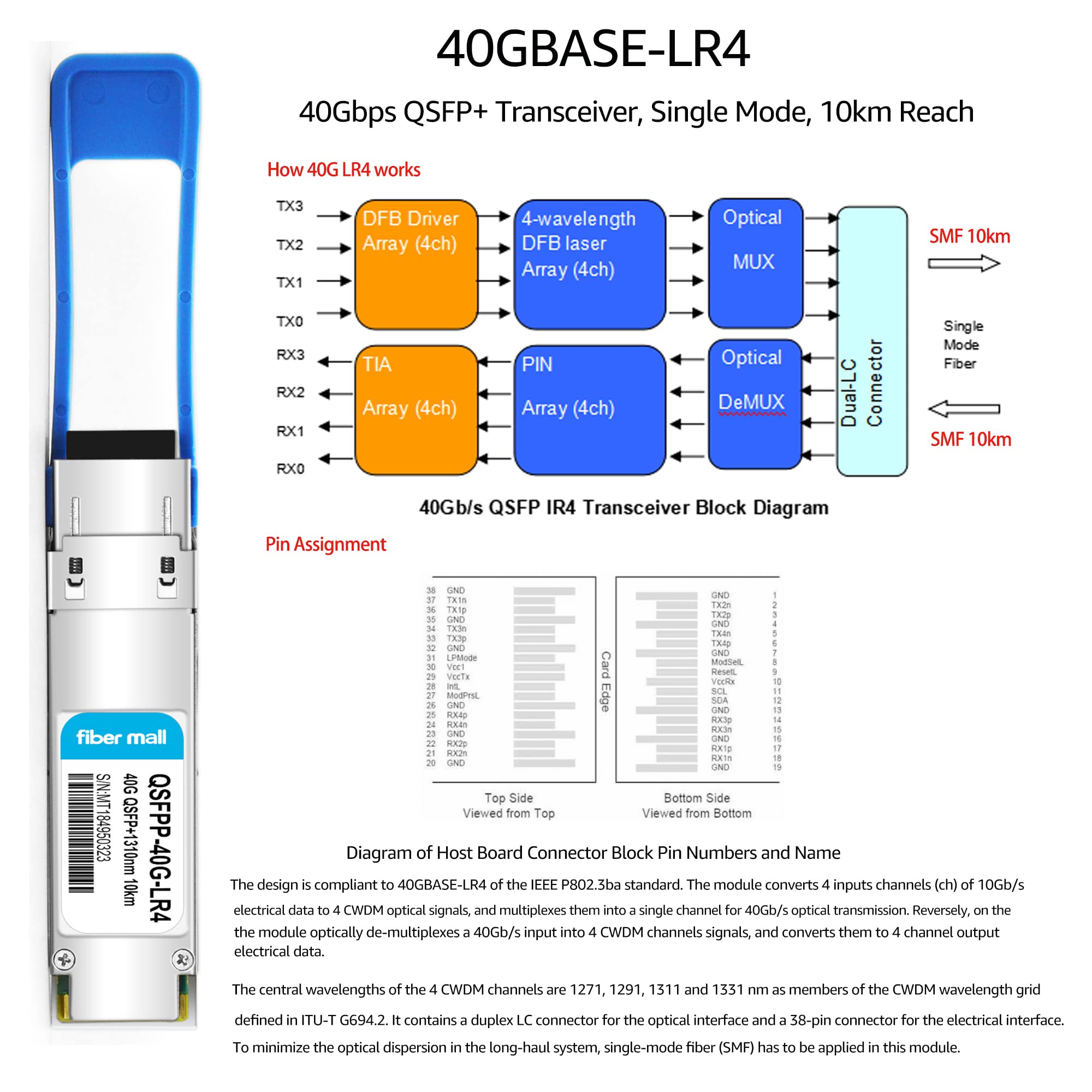 40G QSFP+ LR4 Optical Transceiver Module - Cisco QSFP-40G-LR4, QSFP-40GE-LR4, Meraki MA-QSFP-40G-LR4 Compatible - 40GBASE-LR4 1310nm CWDM4 10km LC DOM - Ideal for Data Centers & High-Speed Networking