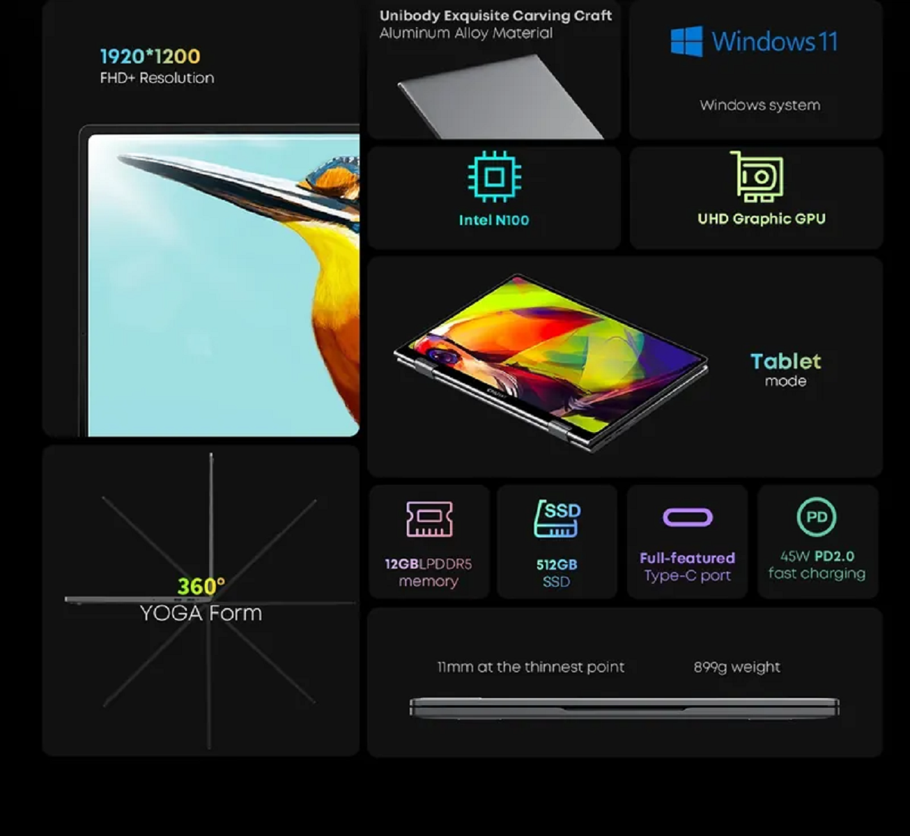 CHUWI Minibook X 2-in-1 Laptop - 8GB RAM 256GB SSD, Windows 11, Portable Touchscreen Notebook for Work, Travel & Study | Lightweight Design for Business Professionals & Students