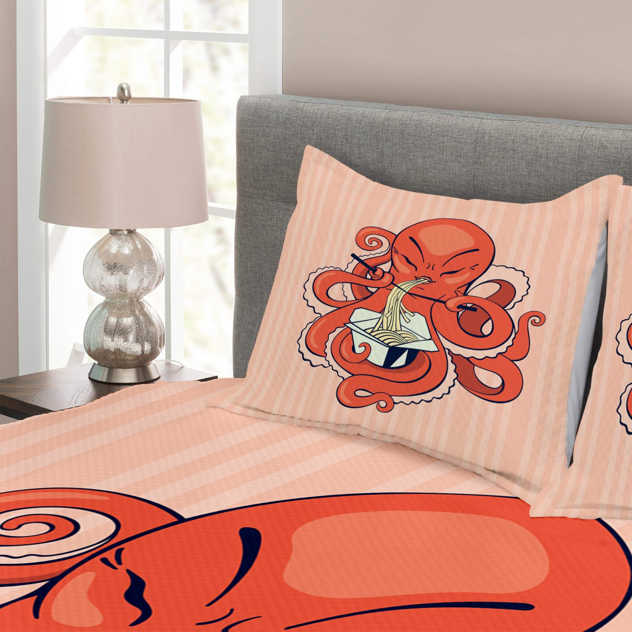 Lunarable King Size Octopus Bedspread Set - 3 Piece Quilted Coverlet with 2 Pillow Shams | Cartoon Octopus Eating Noodles with Chopsticks Retro Design in Orange & Pink | Perfect for Kids' Rooms, Beach Themed Decor, and Unique Gift Ideas