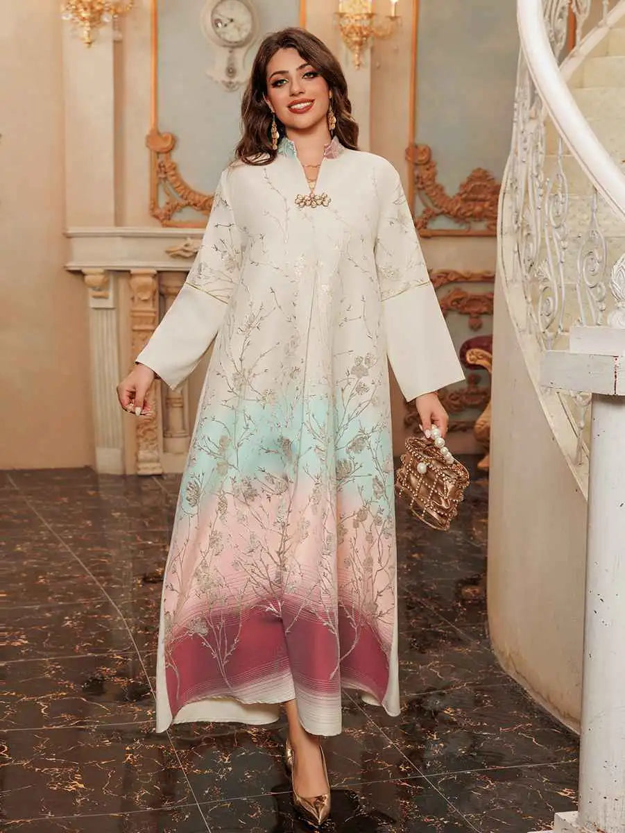 Elegant Eid Gradient Jacquard Kaftan Dress for Muslim Women - Modest Jalabiya Abaya for Prayer, Parties & Special Occasions