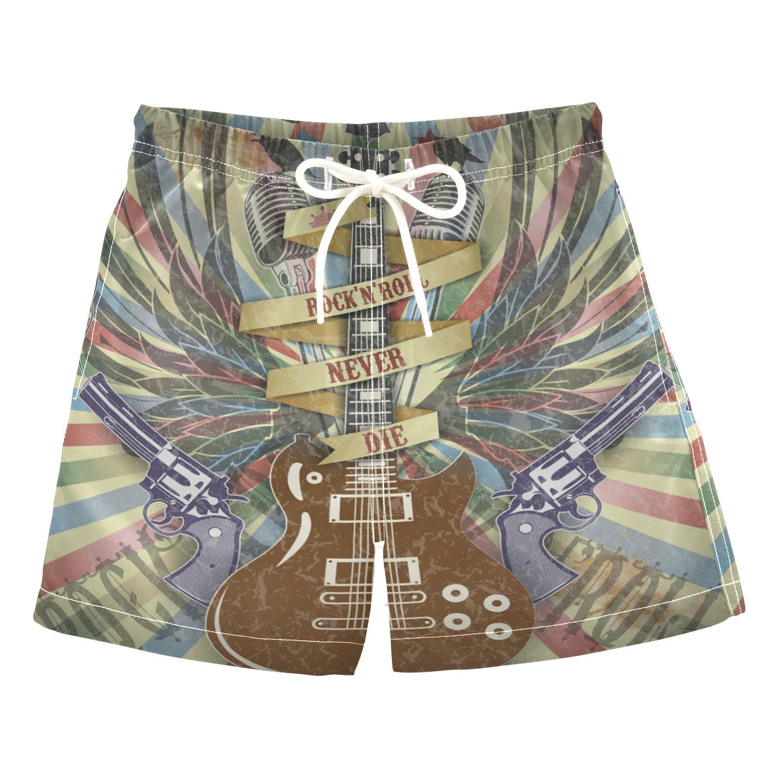 Boys Rock N Roll Guitar Retro Swim Trunks - Quick Dry Board Shorts for Beach, Surf & Pool | Perfect for Hawaii Vacations, Summer Swimwear & Water Activities