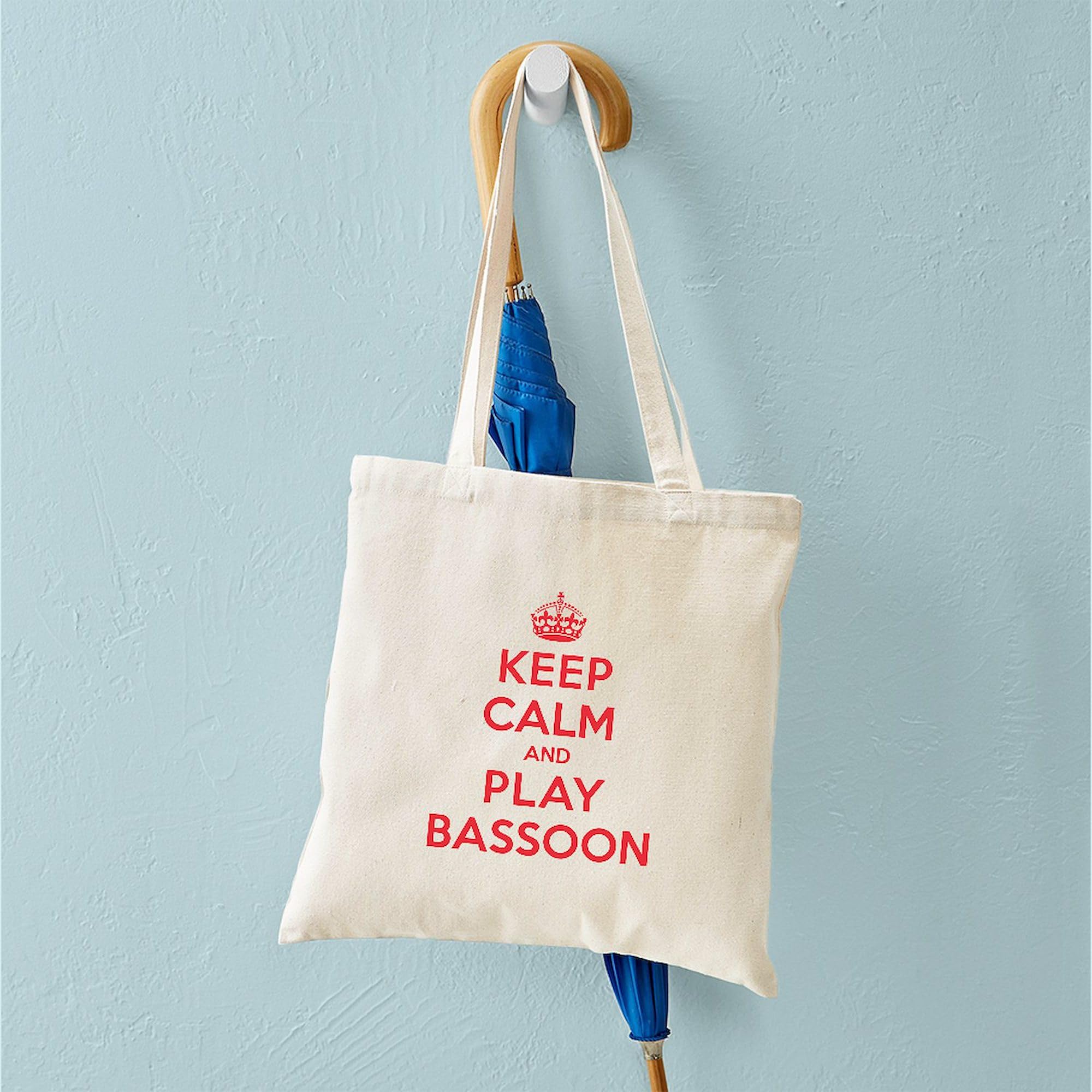 Keep Calm Play Bassoon Tote Bag - Natural Canvas Reusable Shopping Bag for Musicians, Music Lovers & Bassoon Players - Perfect for Groceries, Books & Music Accessories