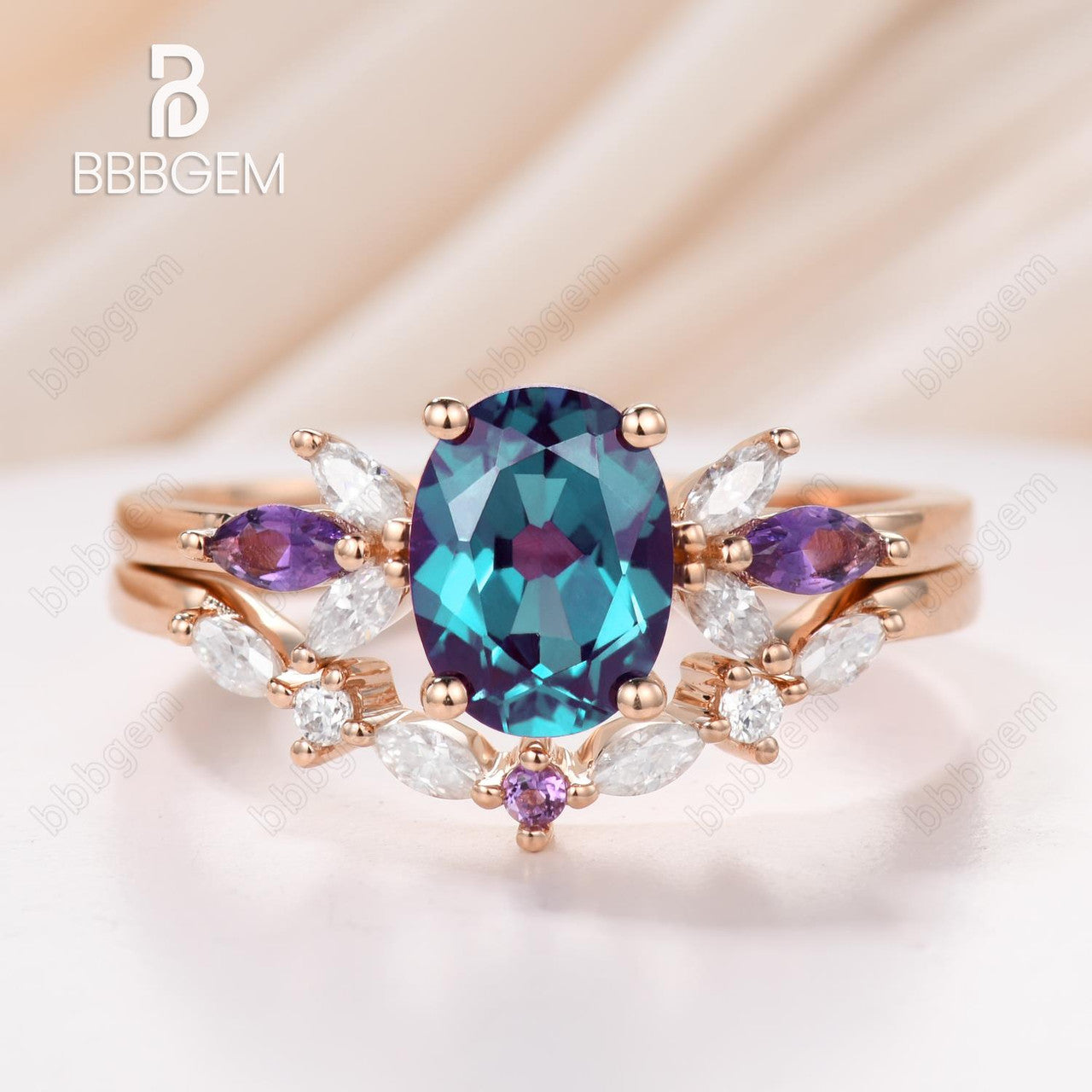1.5 Carat Vintage Alexandrite Engagement Ring Set with Oval Cut & Matching Curved Wedding Band - Perfect for Proposals, Anniversaries & Special Occasions