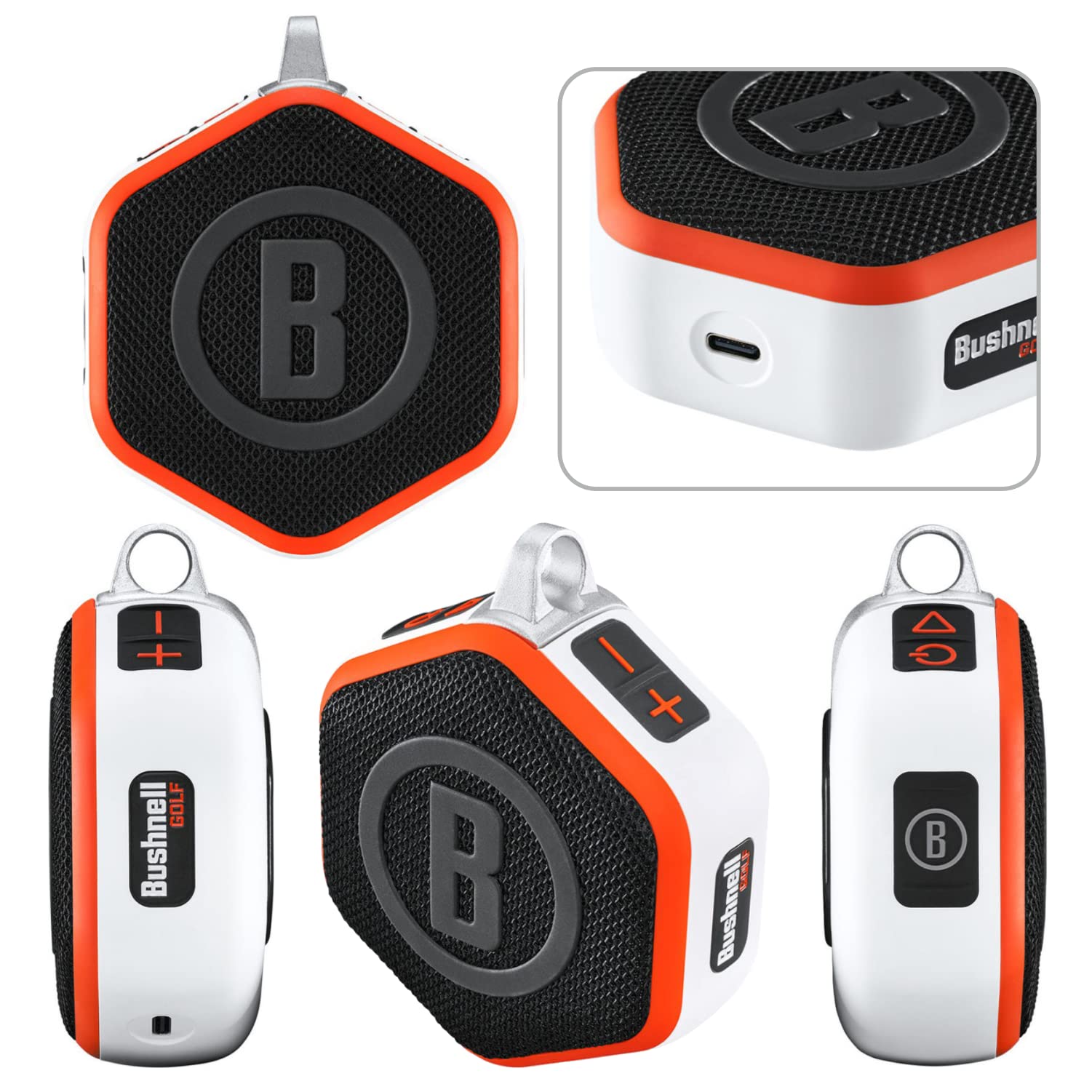 Bushnell Wingman Mini Orange/White GPS Bluetooth Speaker with Ultimate White Earbuds & Chargers Bundle - Portable Wireless Speaker for Golf, Travel, Outdoor Adventures & Car Rides