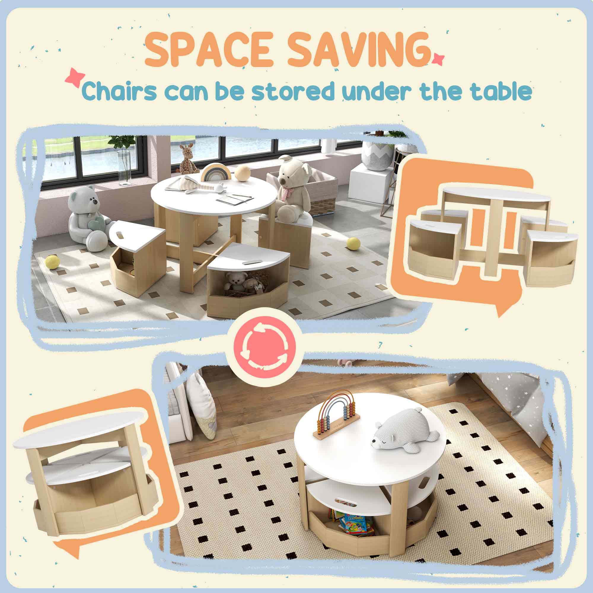 Qaba 5-Piece Kids Table and Chair Set with Storage - White Children's Furniture for Playroom, Learning & Arts & Crafts Activities