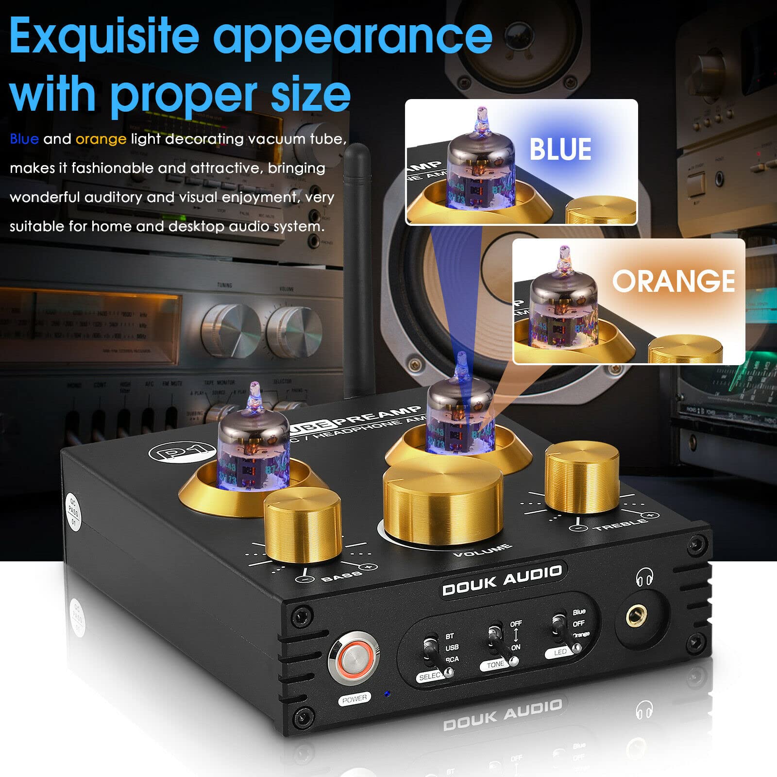 Douk Audio P1 Tube Preamp - Bluetooth 5.0 Hi-Fi Preamplifier with GE5654 Vacuum Tube, Wireless Audio Receiver, USB DAC, APTX-HD Support for Home Theater & Audiophile Systems