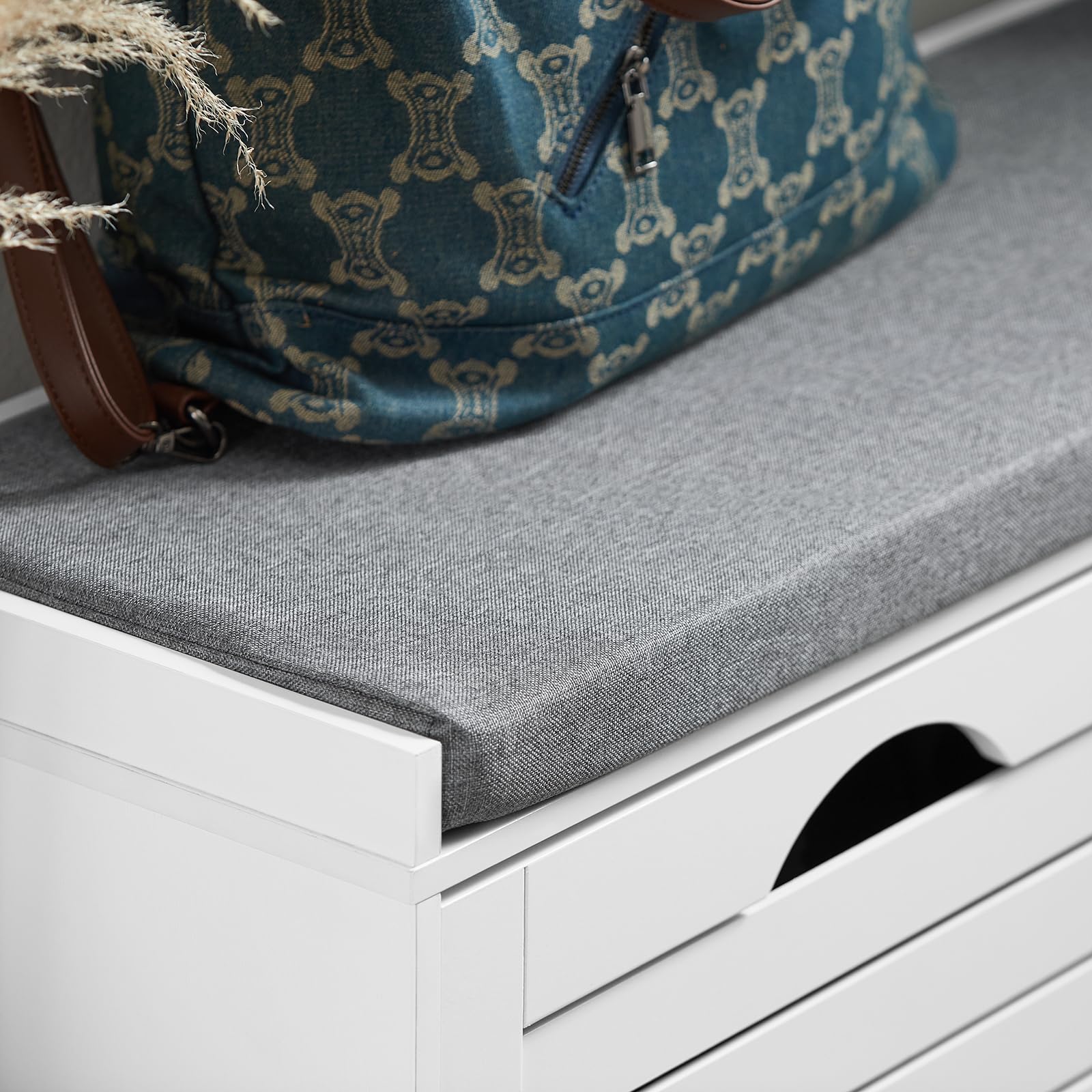 White Shoe Storage Bench with 2 Drawers & Padded Seat Cushion - Narrow Entryway Shoe Cabinet for Hallway, Mudroom & Window Seat - Perfect for Organizing Shoes, Hats & Seasonal Items by the Front Door