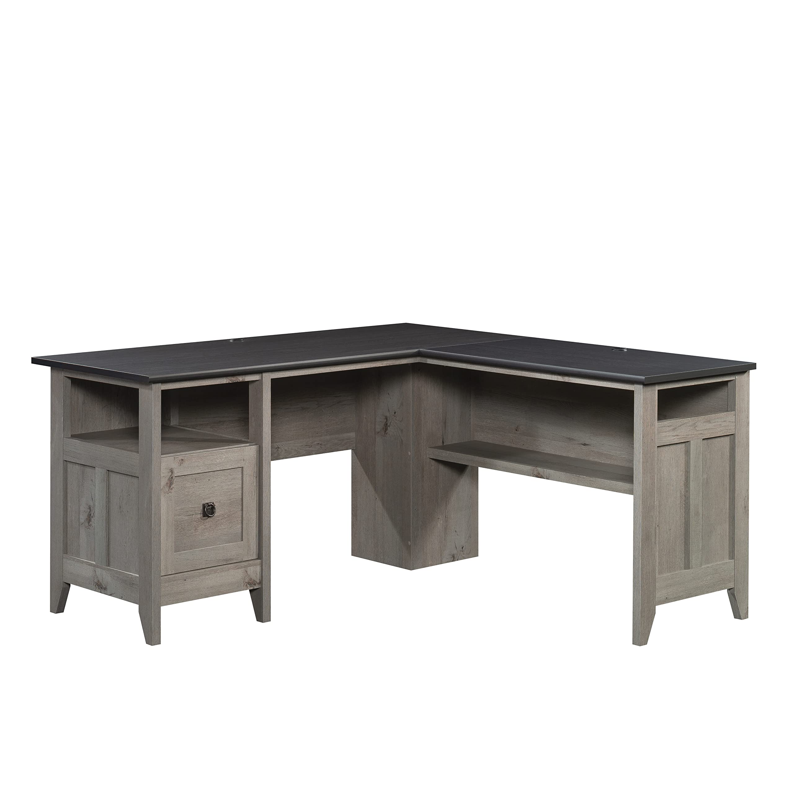 Sauder August Hill L-Shaped Farmhouse Office Desk - Corner Computer Desk with File Drawer & Cable Management in Mystic Oak Finish | Perfect for Home Office, Study Room & Small Spaces