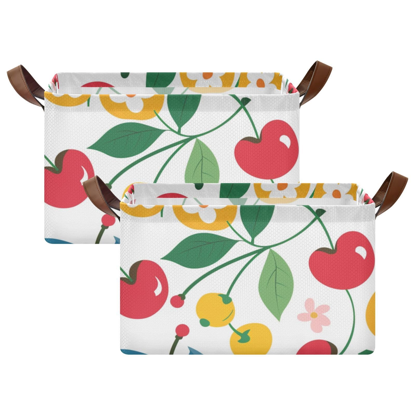 Cartoon Cherry Print Collapsible Fabric Storage Baskets - Large Decorative Closet Organizer Bins with Handles (2-Pack) - Perfect for Bedroom, Nursery & Bathroom Organization