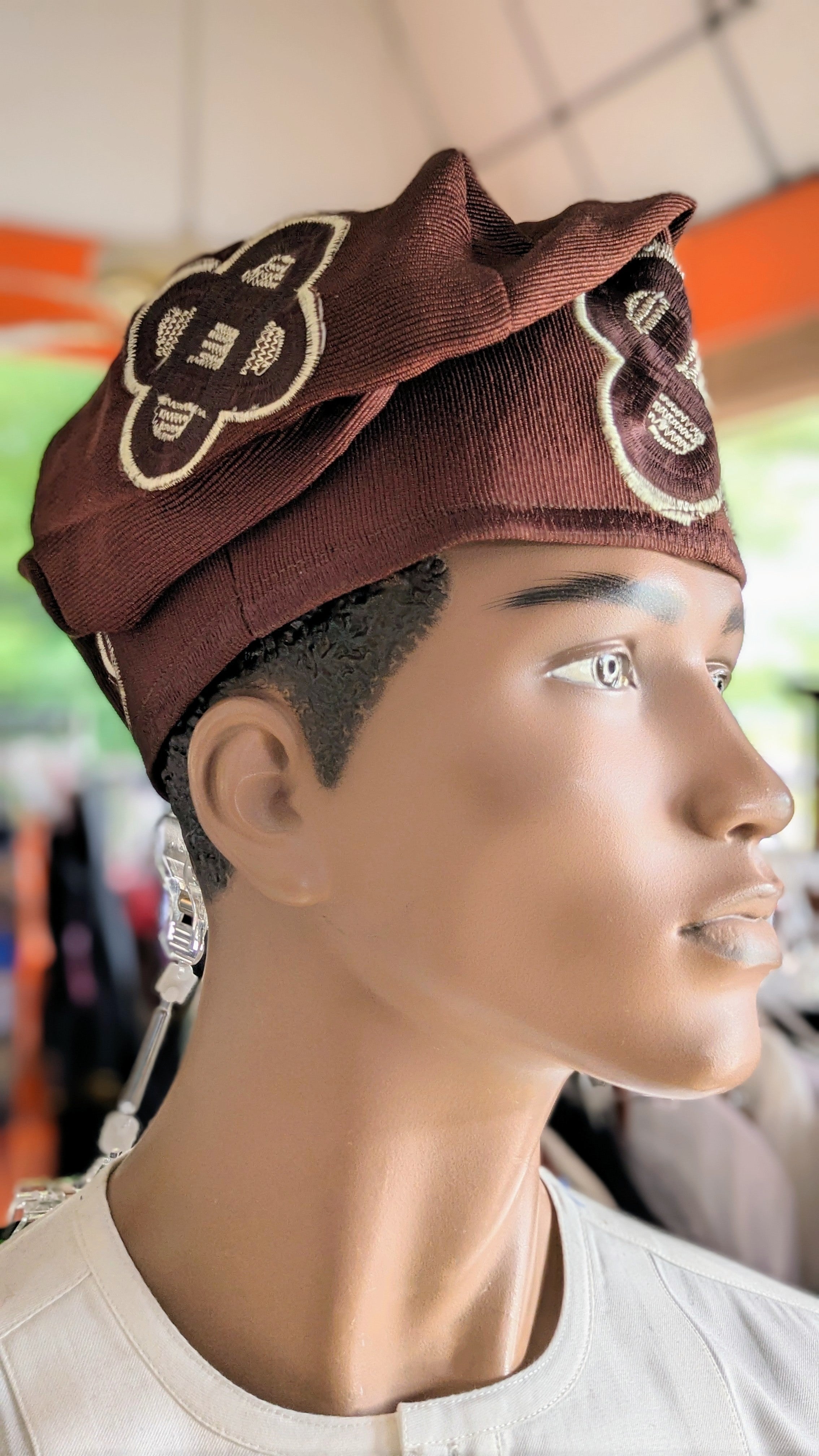 Dupsie's Ayo Fila Brown Handwoven Aso Oke Cap Hat with Cream Beige Embroidery - Traditional Nigerian Wedding Hat for Men, Cultural Headwear for Special Occasions & African Fashion Events