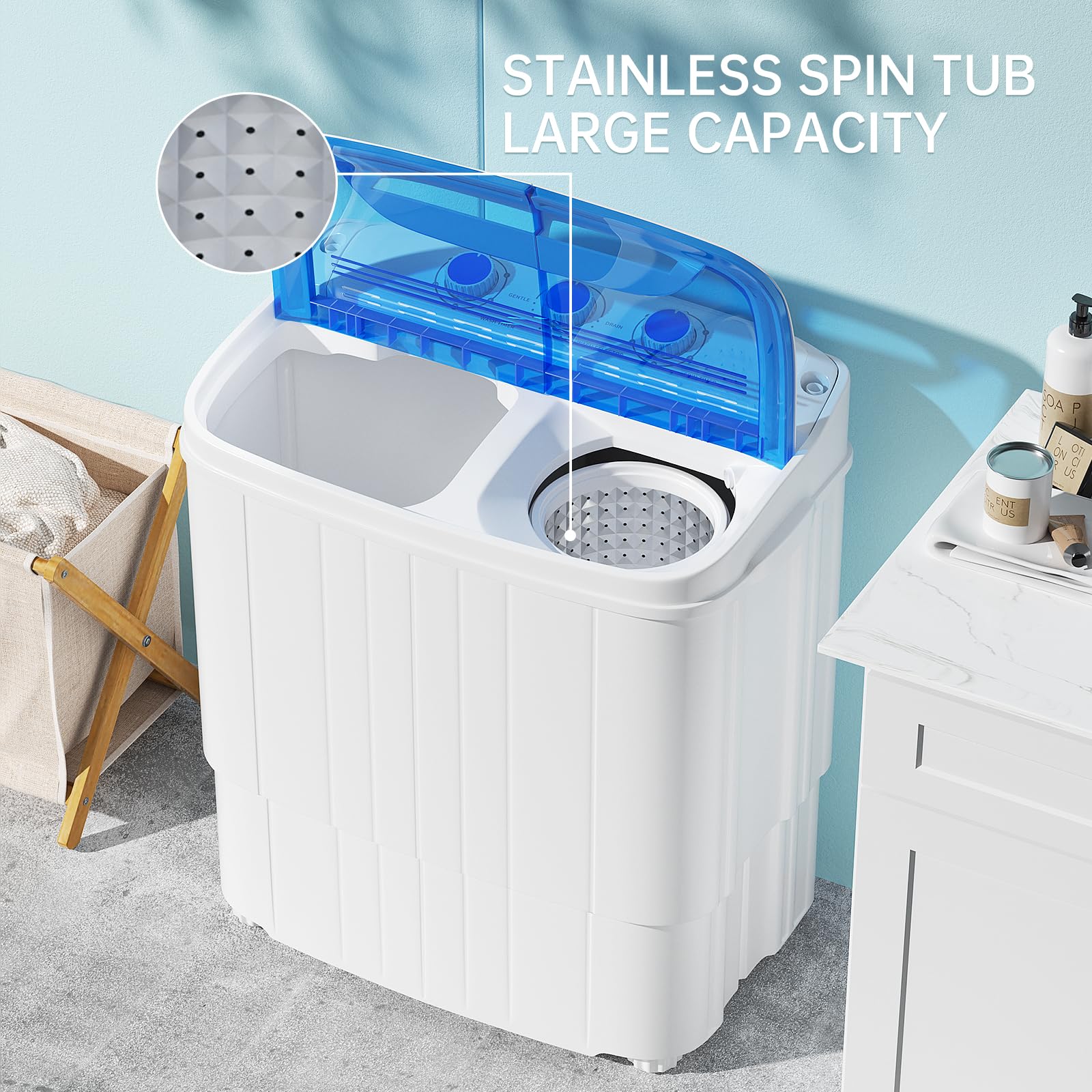 Superday 2-in-1 Portable Washing Machine with Spin Dryer - 15lbs Compact Mini Twin Tub Washer for Camping, Apartments, Dorms, RV & Delicates - Blue | Perfect for Small Spaces & Travel Laundry Needs