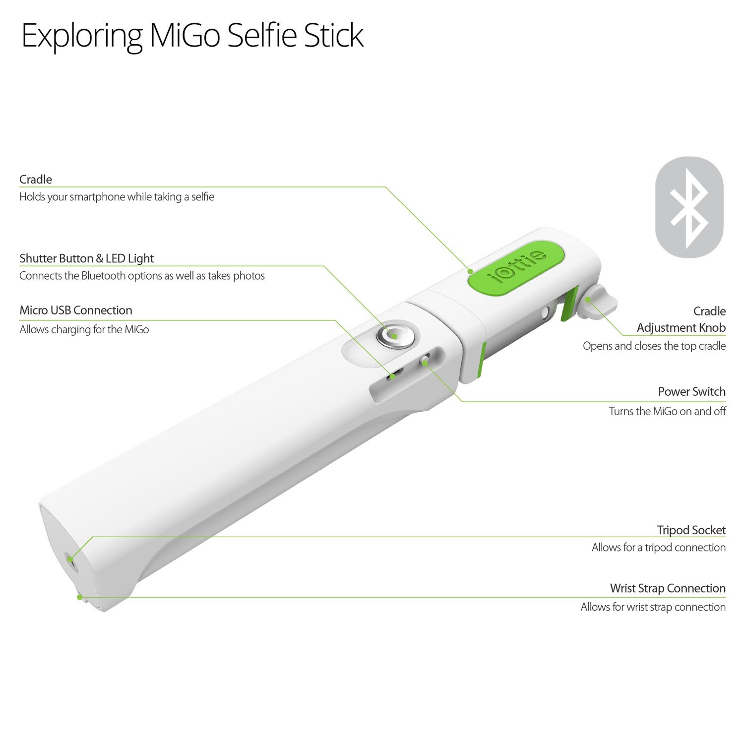 iOttie MiGo Extendable Bluetooth Selfie Stick & Tripod for iPhone, Android Smartphones & GoPro - Aluminum Monopod with Wireless Remote - Perfect for Travel, Vlogging & Group Photos (White)