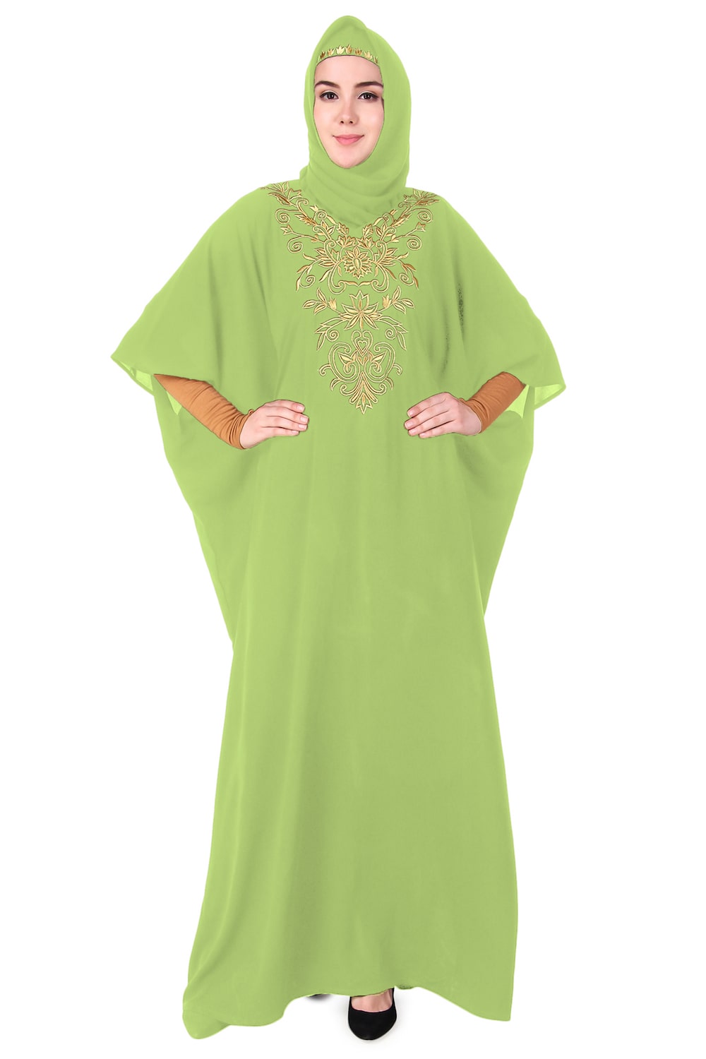 Embroidered Floral Gold Kaftan Dress for Women - Elegant Boho Maxi Dress for Beach, Party & Special Occasions