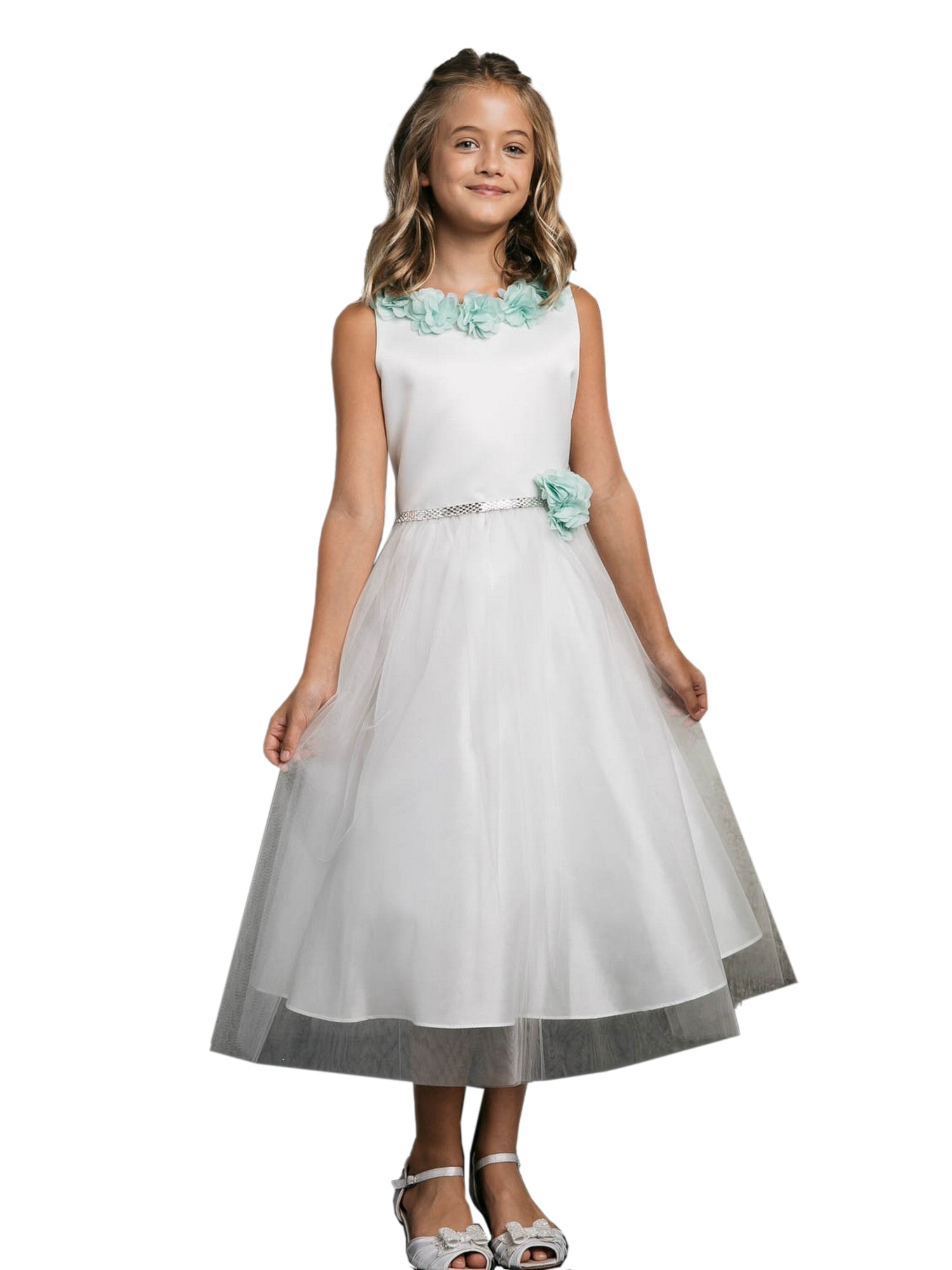 Big Girls Mint Chiffon Floral Brooch Junior Bridesmaid Dress Size 8-20 | Elegant Flower Girl Dress for Weddings, Parties & Special Occasions