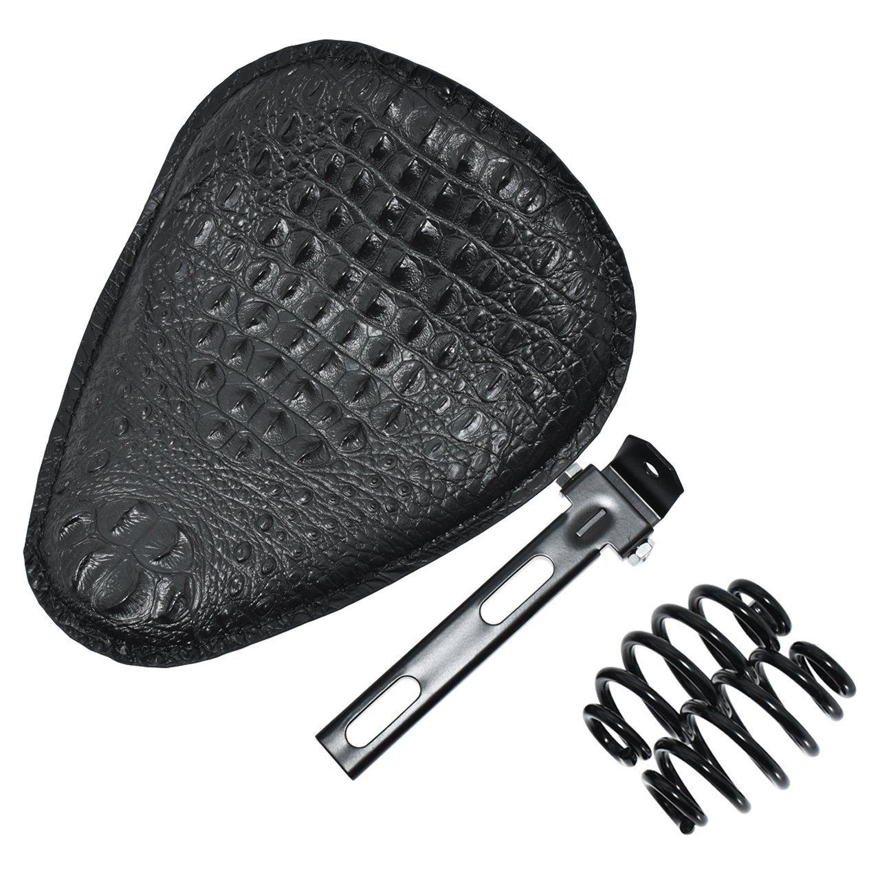 HD BUBALUS Motorcycle Alligator Leather Solo Seat with Spring Mount Bracket Kit - Black, Fits Harley Bobber Chopper & Custom Kawasaki Suzuki - Perfect for Cruiser Rides and Custom Bike Builds