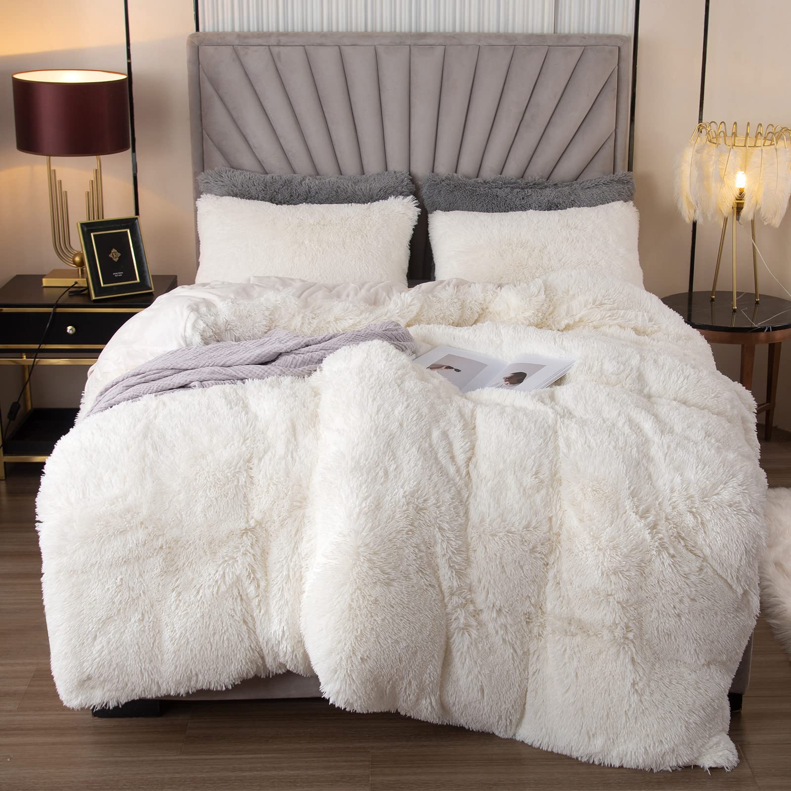 Luxury EMME Plush Shaggy White Duvet Cover Set - Queen Size 3-Piece Fuzzy Comforter Cover, Ultra Soft Fluffy Bedding for Cozy Winter Nights (White, Queen) - Perfect for Master Bedroom, Guest Room & Airbnb Stays