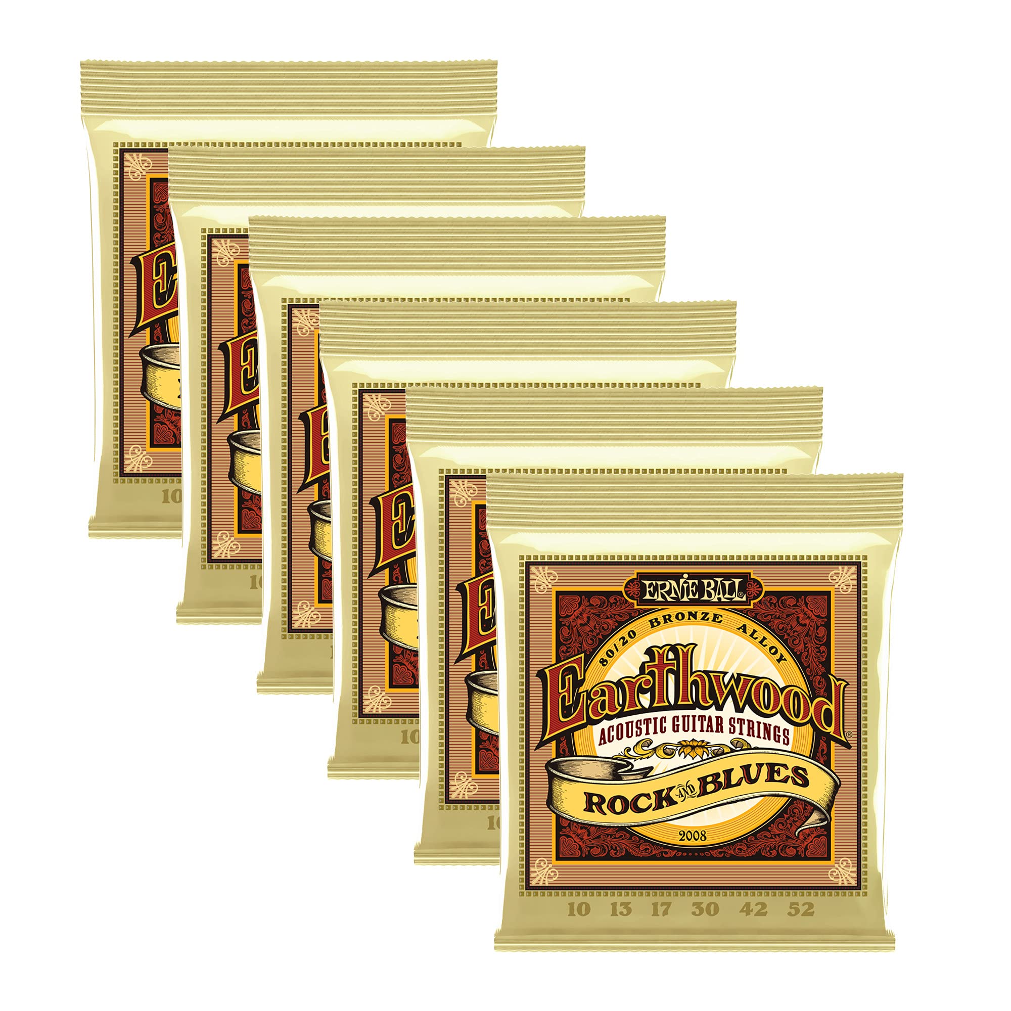 6-Pack Ernie Ball 2008 80/20 Bronze Acoustic Guitar Strings 10-52 Gauge for Rock & Blues - Perfect for Studio Recording & Live Performances