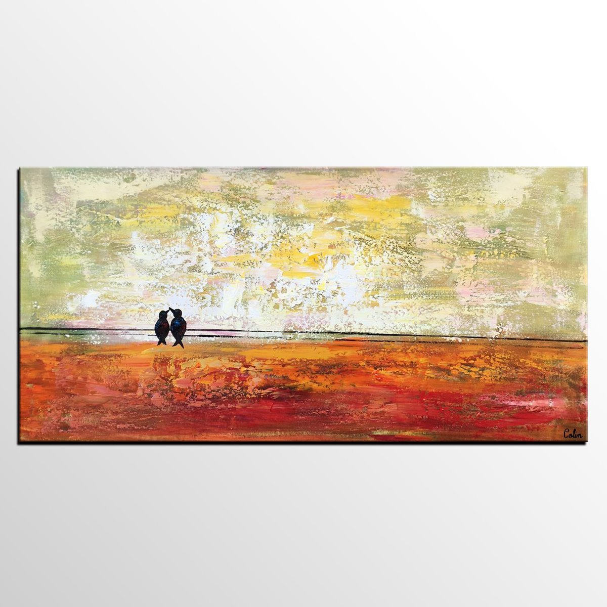 Bird at Wire Painting - Original Large Canvas Art, Modern Simple Love Birds Wall Decor - Perfect Anniversary Gift for Home & Office Decoration