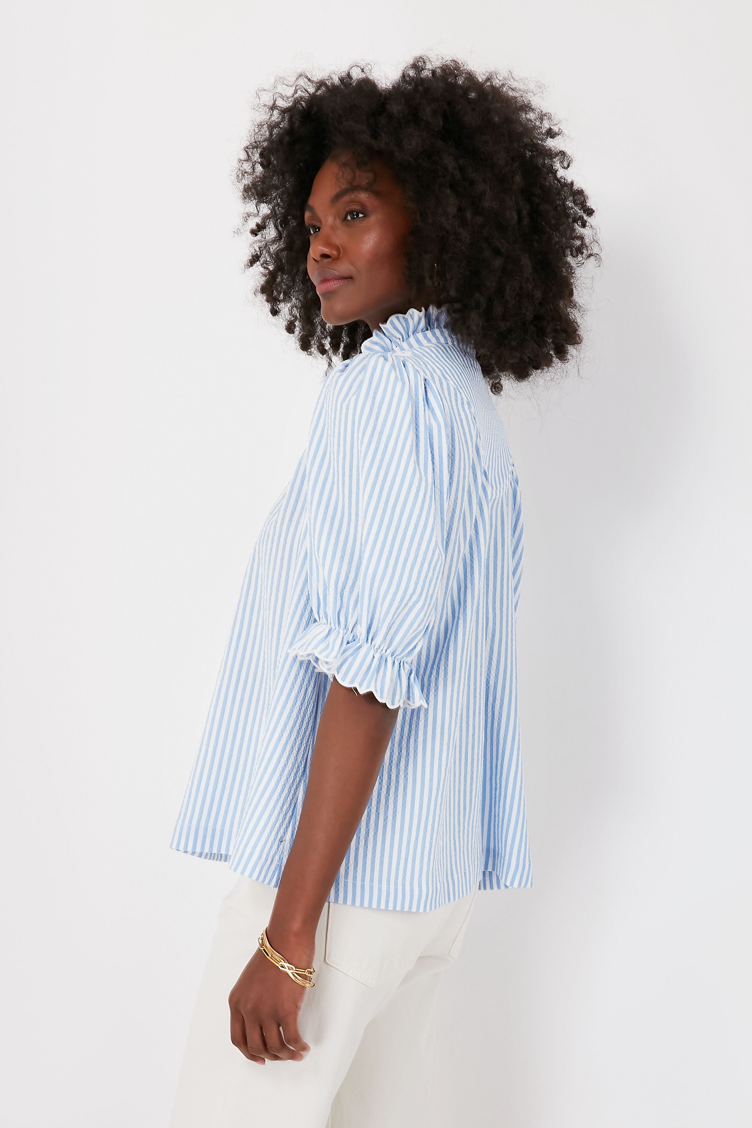 Blue Stripe Selena Blouse Women's Fashion Top - Elegant Casual Wear for Office, Dating & Party Outfits
