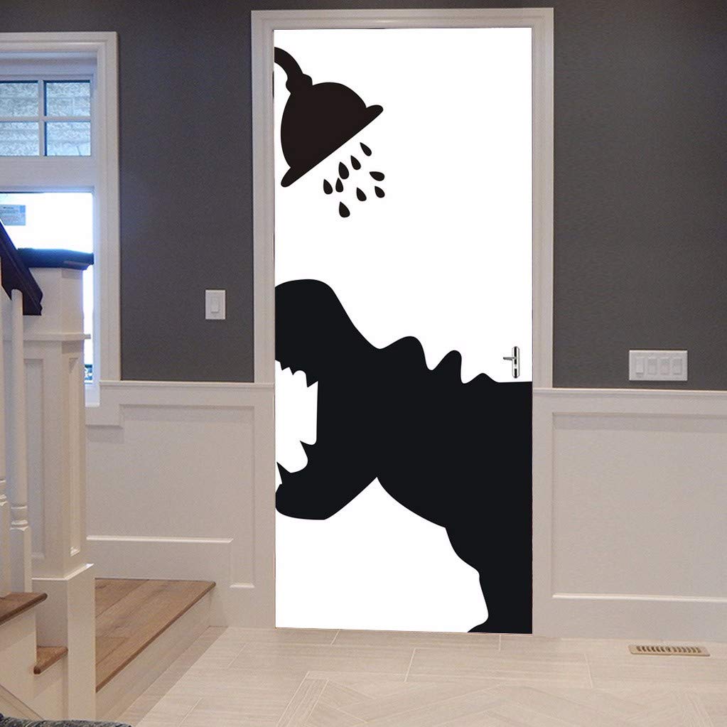 Funny Hippo Taking a Shower Wall Decal - Removable Vinyl Animal Silhouette Wall Art for Kids Room, Bathroom & Nursery Decor - Black & White Cartoon Hippopotamus Wall Stickers