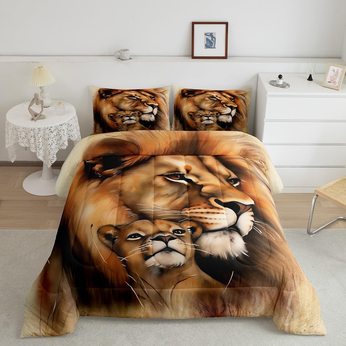 Erosebridal Lion Comforter Set - Queen Size Brown African Safari Wildlife Animal Print Down Comforter & Duvet Cover - Bedroom Decor for Couples, Living Room, Jungle Theme Home Decor (Perfect for Safari-Themed Bedrooms, Wildlife Enthusiasts, and Unique Home Styling)