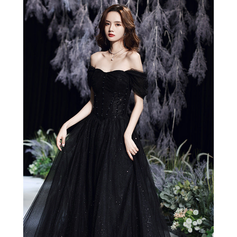 Elegant Black Off Shoulder A-Line Long Prom Evening Dress for Women - Perfect for Formal Events, Dances & Special Occasions