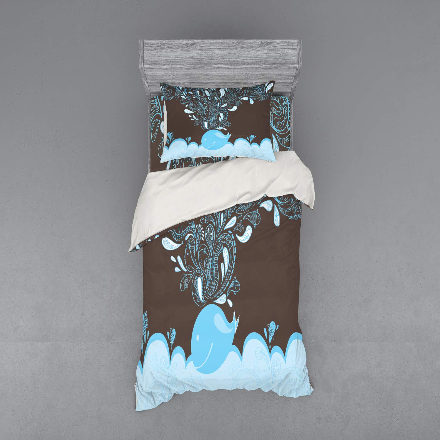 Ambesonne Whale Duvet Cover Set - Ocean Themed Cartoon Batik Tribal Style 3-Piece Bedding with Sham & Fitted Sheet, Twin XL Size in Blue & Brown | Perfect for Kids' Rooms, Beach Themed Decor & Whale Lovers