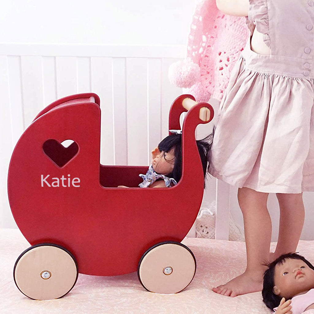 Personalized Red Wooden Baby Pram with Bernard Bear - Perfect for Newborn Gifts & Nursery Decor