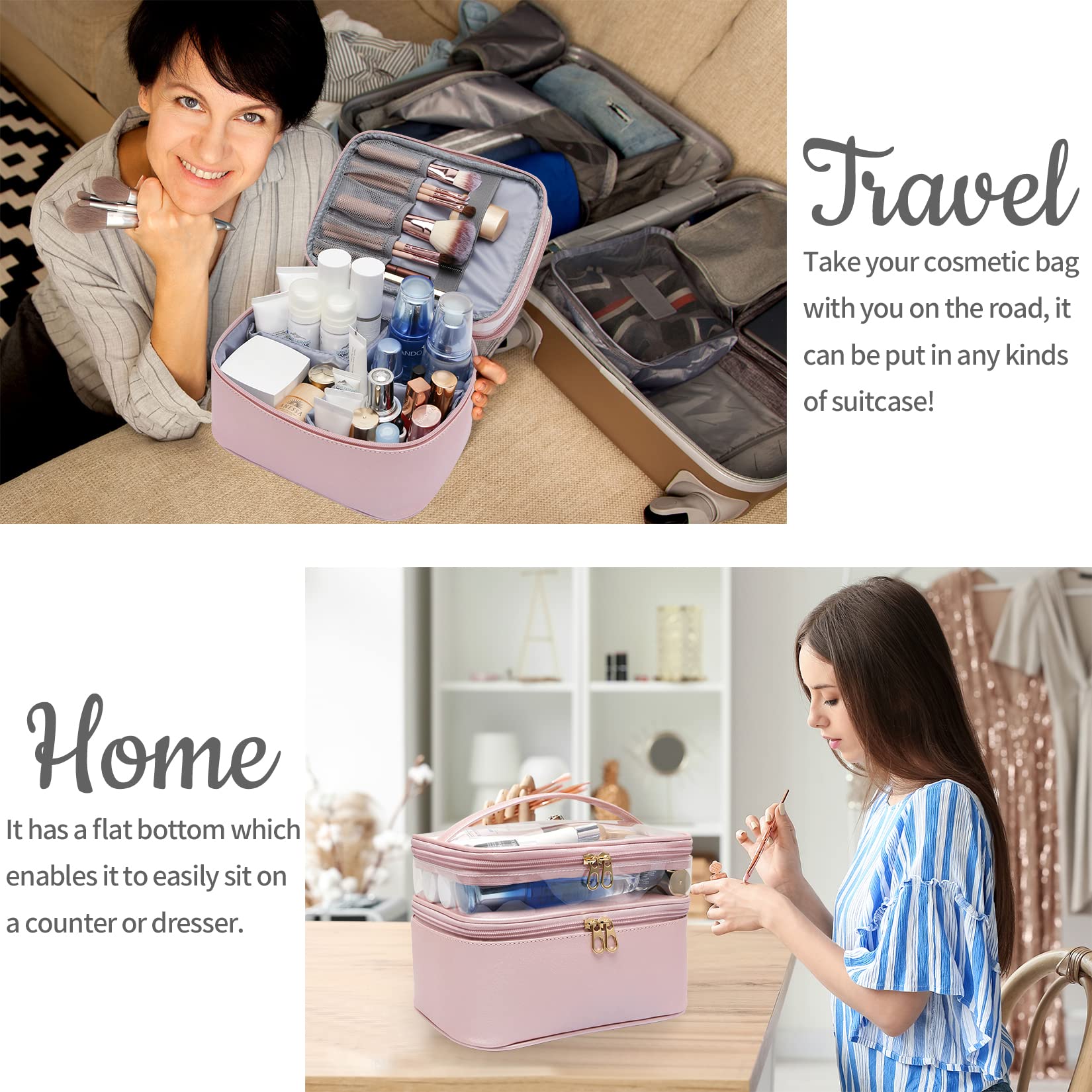 Premium Leather Makeup Bag for Women - Double Layer Large Cosmetic Organizer with Travel Essentials, Dorm Room Toiletry Bag - Perfect for Travel, Daily Use & Valentine's Day Gifts for Her/Wife