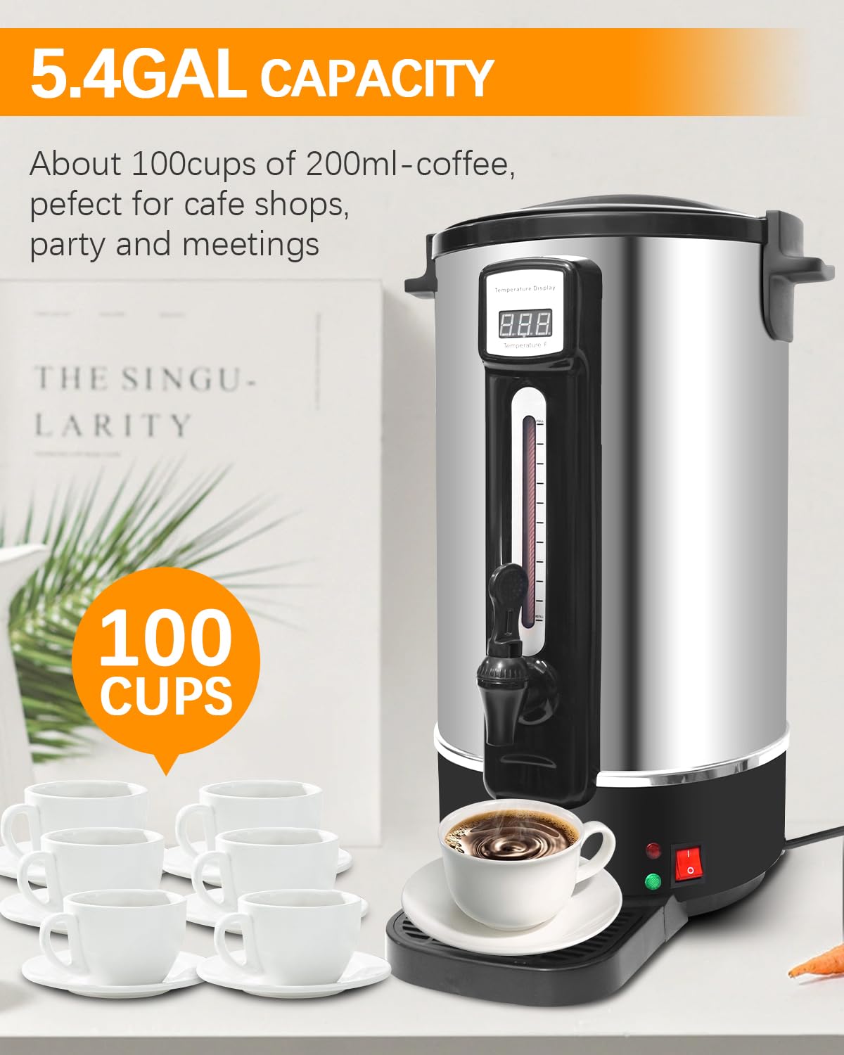 **Commercial Electric Coffee Percolator - 100 Cup (20L/5.4GAL) Stainless Steel Coffee Urn with Filter - Fast Brew Coffee Maker & Hot Water Dispenser - 110V - Perfect for Restaurants, Offices & Large Gatherings**