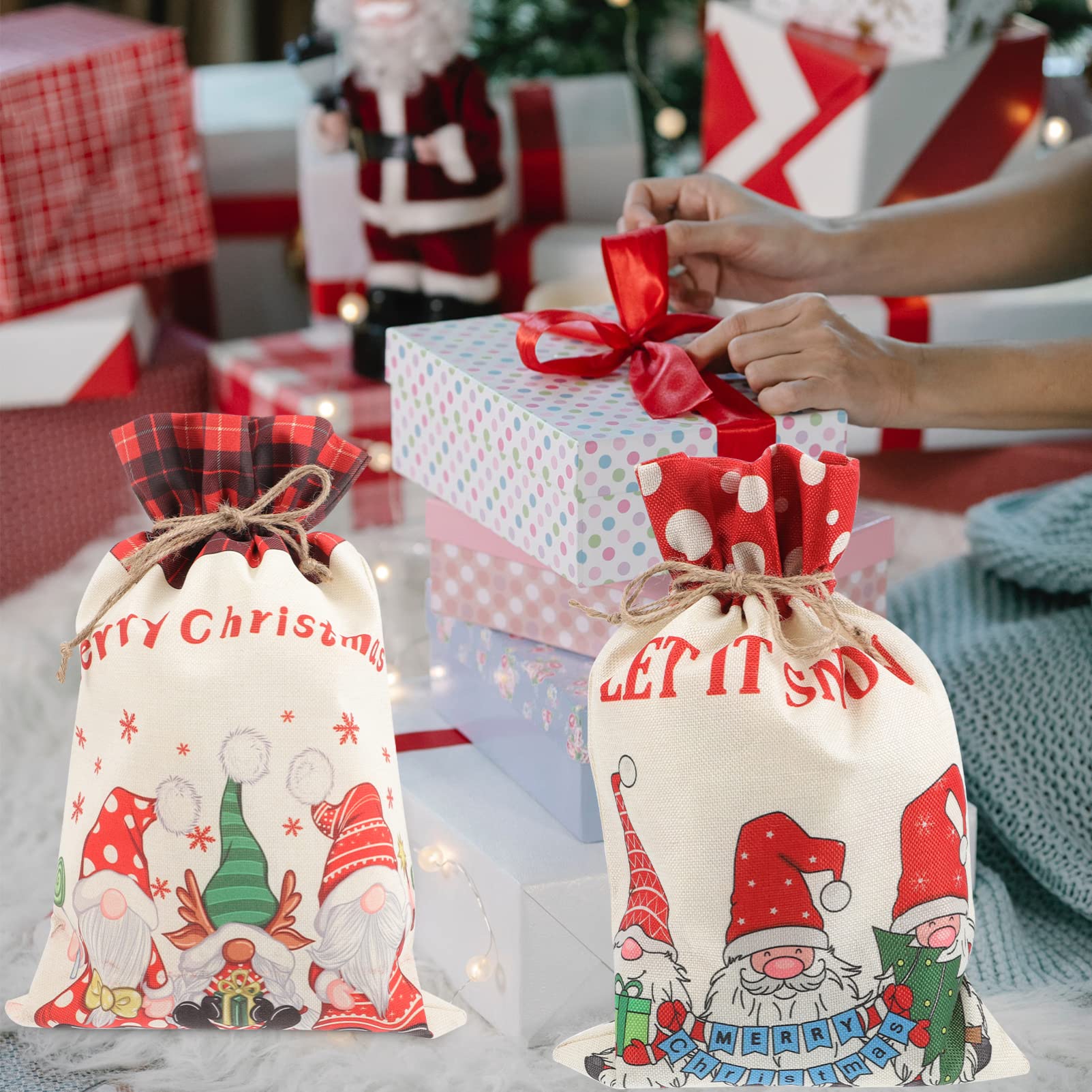 Gadpiparty Christmas Drawstring Bags - Santa Gift Wrapping Bags for Candy & Treats | Linen Party Favor Bags for Holiday Celebrations, Stocking Stuffers & Christmas Gatherings