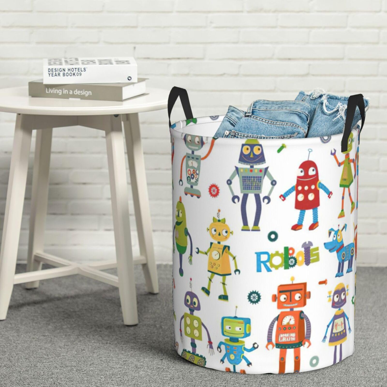 Cartoon Robots Print Round Laundry Basket - Stylish Storage for Clothes, Books & Toys | Perfect for Kids Room, Nursery & Playroom Organization