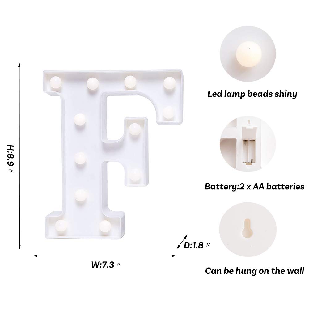 LED Letter Lights - Battery Powered Light Up Sign Letters for Home Decor, Wedding, Birthday Party & Christmas - Night Light, Bar Decor (Letter F) - Perfect for Bedroom, Nursery, Living Room & Outdoor Events