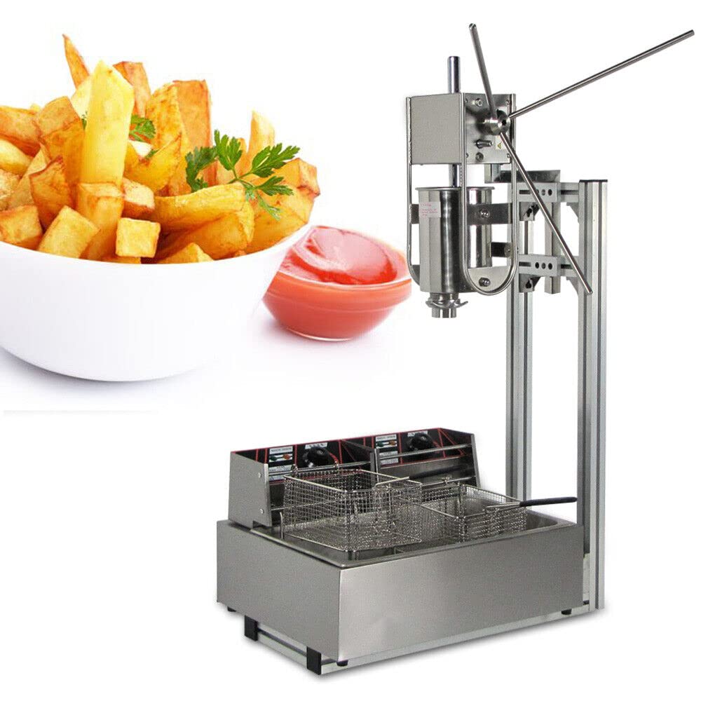 Commercial 3L Churros Maker Machine with 12L Deep Fryer - Stainless Steel Manual Churro Maker Kit Includes 5 Nozzles for Perfect Churros - Ideal for Restaurants, Food Trucks & Home Baking (Fast US Shipping)
