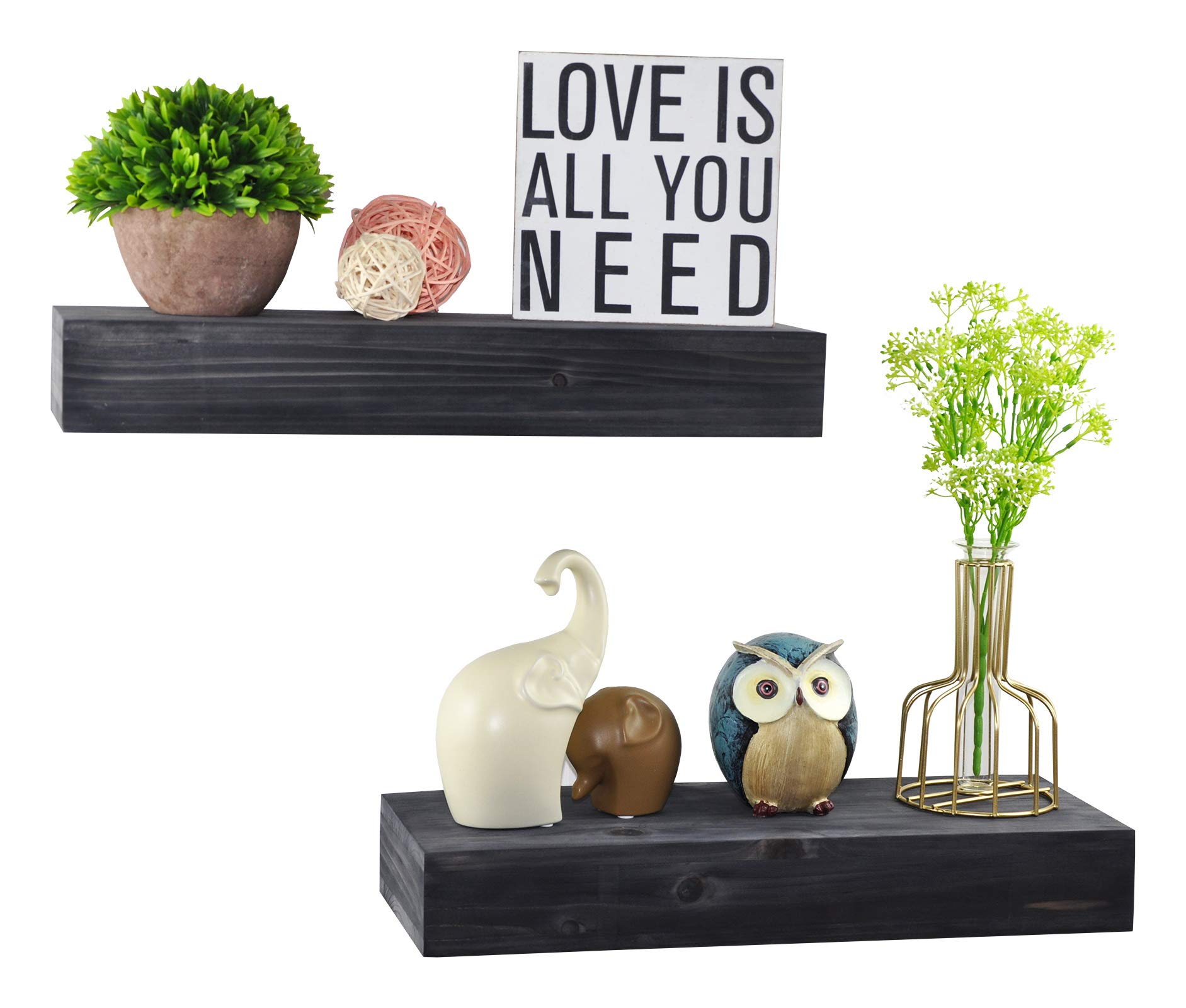 Spiretro Set of 2 Rectangle Floating Shelves - 16.5 Inch Rustic Wood Wall Shelves in Weathered Grey - Storage & Display Shelves for Home Decor - Perfect for Bedroom, Living Room, Bathroom & Kitchen Organization