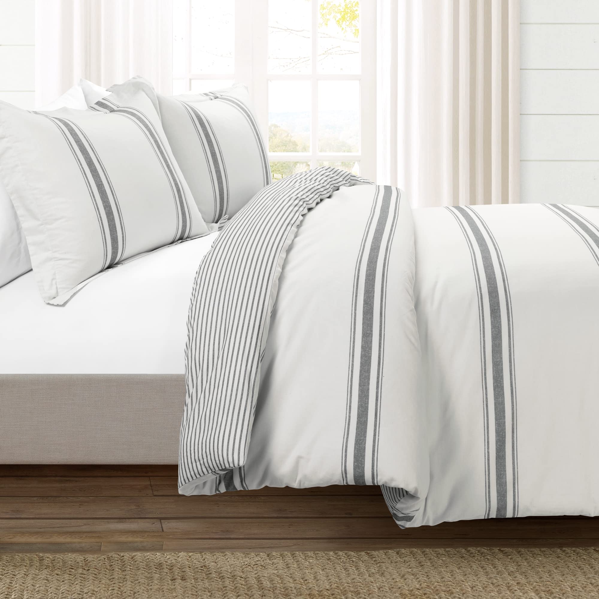 Lush Decor Reversible Cotton Duvet Cover Set - 3 Piece King Size Farmhouse Bedding in Dark Gray | Striped Rustic Decor for Modern Farmhouse & Cozy Bedroom | Perfect for Guest Rooms, Master Bedrooms & Vacation Homes