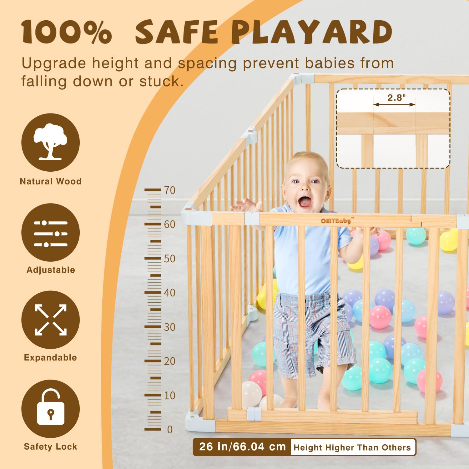 **Wooden Baby Playpen with Door - Expandable & Adjustable Toddler Play Yard, Safe Play Area for Kids Indoor & Outdoor (26