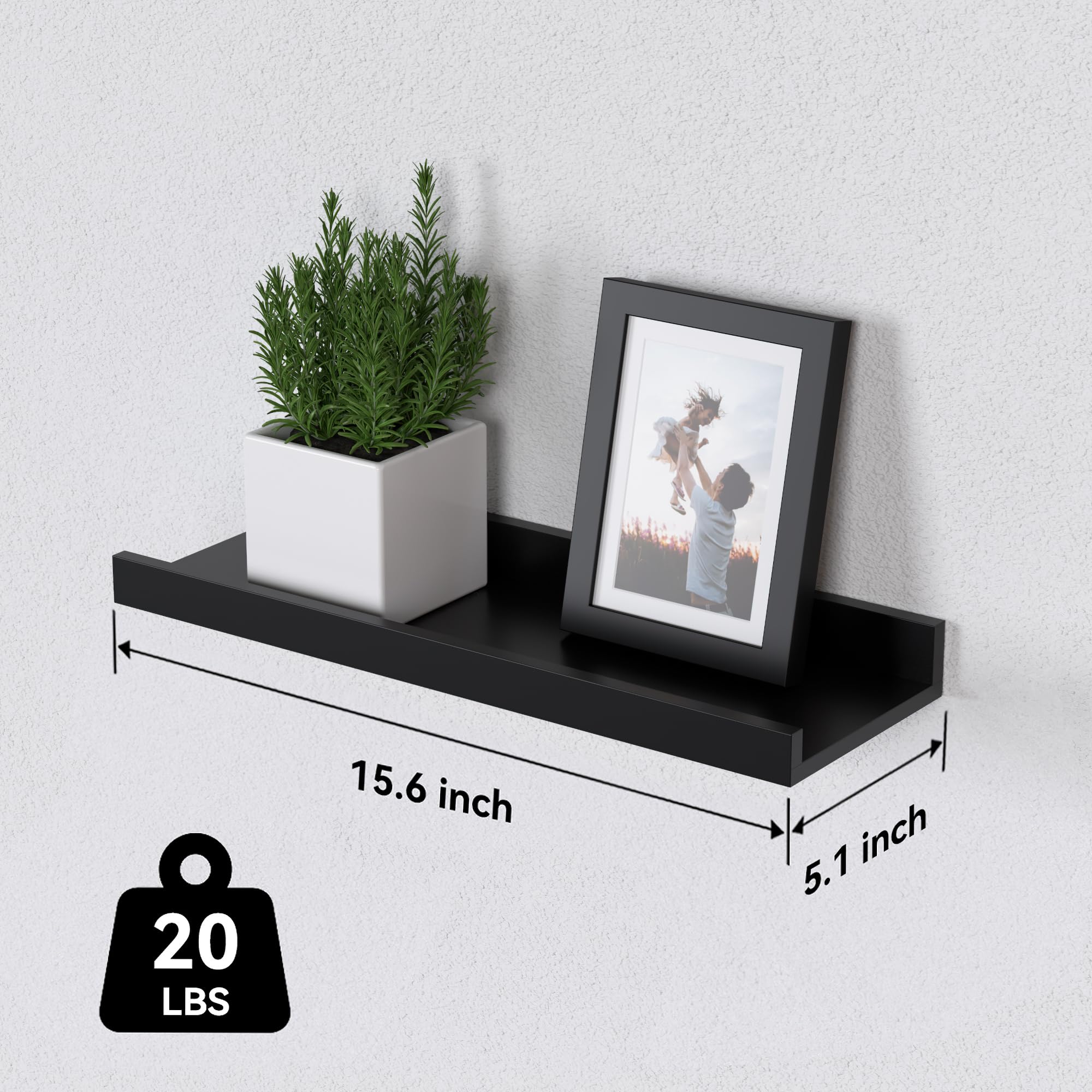 6-Pack Black Floating Shelves with Lip - Modern Wall Shelves for Living Room, Bedroom, Bathroom - Perfect for Displaying Pictures, Books, Plants & Home Decor - Sturdy Wall Mounted Shelving Solution