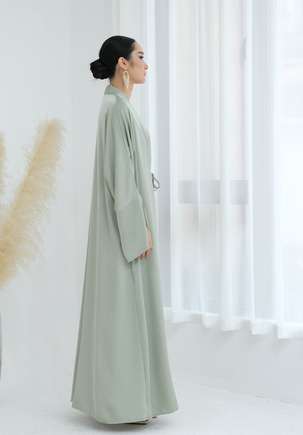 Lavinia Satin Open Abaya for Women - Elegant Long Flowy Prayer Dress - Sage Green Islamic Modest Wear for Mosque, Eid & Special Occasions