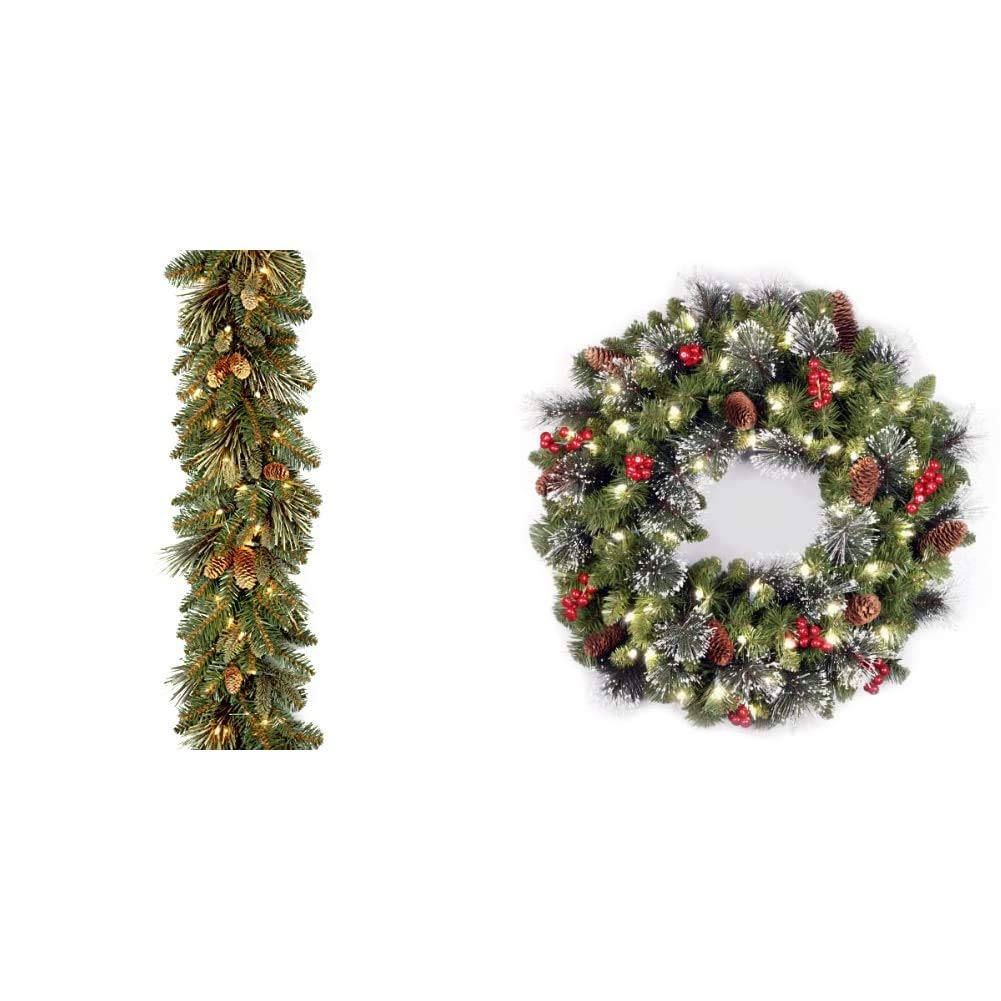 National Tree Company 24-Inch Pre-Lit Artificial Christmas Garland & Wreath Set - Flocked Crestwood Spruce with Mixed Decorations & White LED Lights for Holiday Home Decor, Fireplace, and Door Decoration