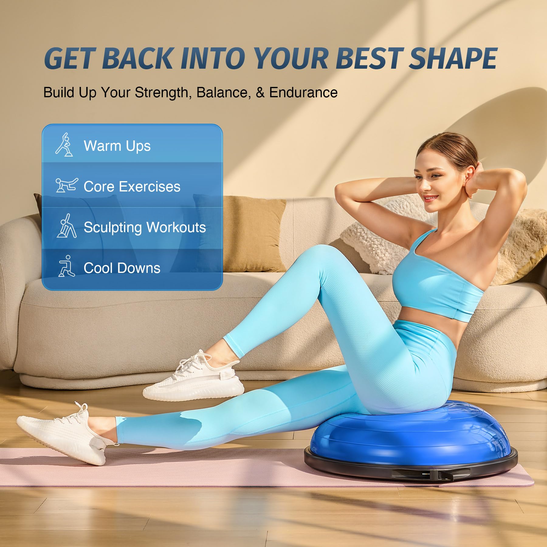 ZELUS 25 Inch Balance Ball - 660lb Capacity Inflatable Half Exercise Ball with Non-Slip Base | Wobble Board Balance Trainer for Core Strength & Stability | Includes 2 Resistance Bands, Pump & Extra Ball | Perfect for Yoga, Pilates, Home Gym & Physical Therapy Workouts